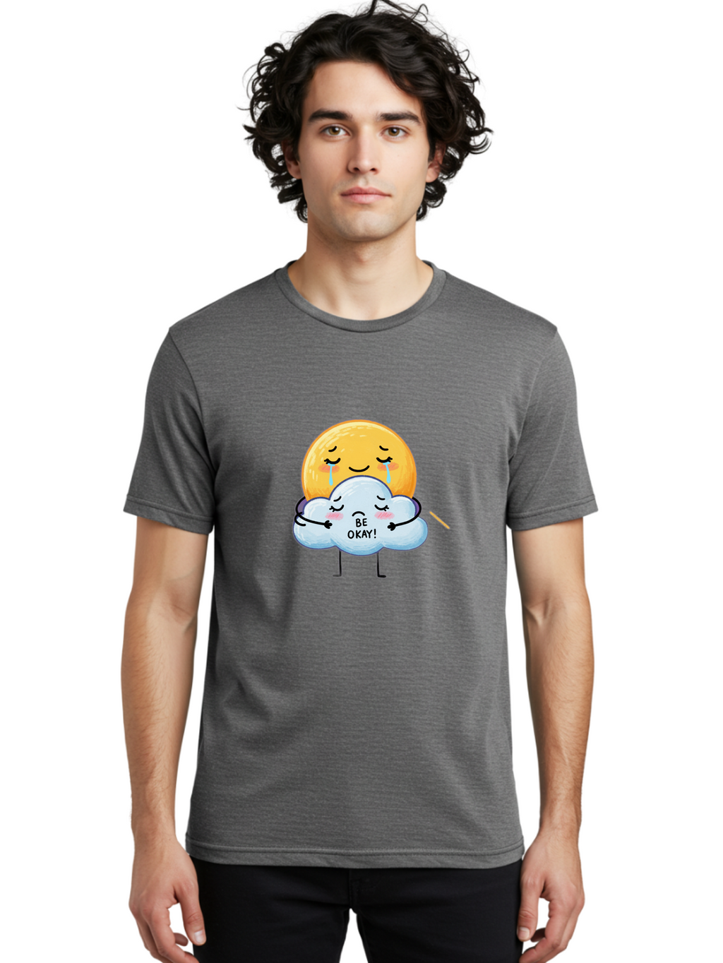 Be-Okay Men'S Graphic Tee, 100% Cotton, Comfortable Casual Summer Wear, Machine Washable, Crying Sun, Cloud Hugging Sun, Emotional Support, Comforting Words, Positive Affirmation, Mental Health Awareness, Cute Cartoon Characters, Bae002
