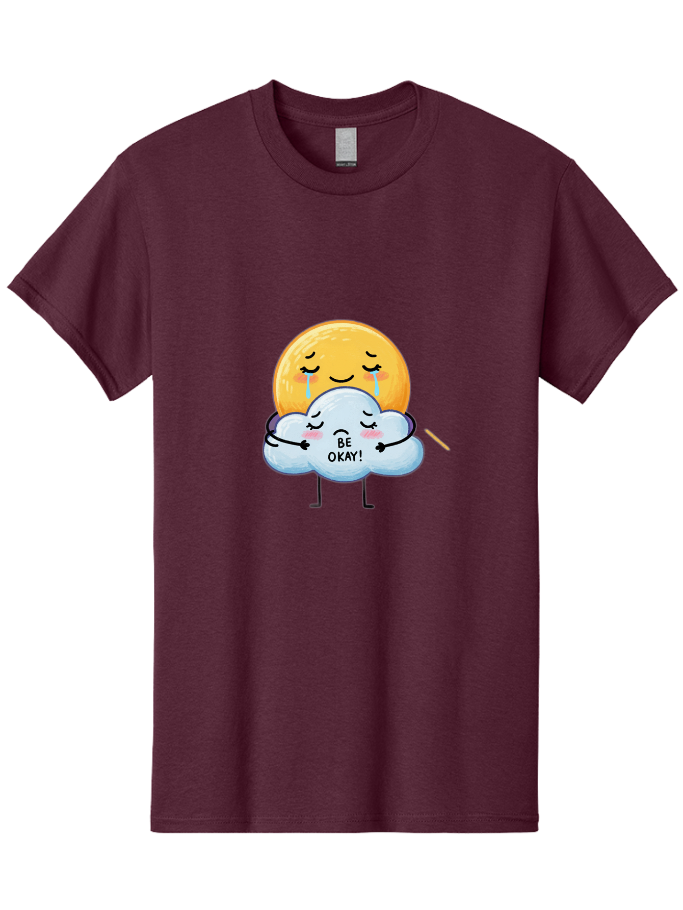 Be-Okay Men'S Graphic Tee, 100% Cotton, Comfortable Casual Summer Wear, Machine Washable, Crying Sun, Cloud Hugging Sun, Emotional Support, Comforting Words, Positive Affirmation, Mental Health Awareness, Cute Cartoon Characters, Bae002