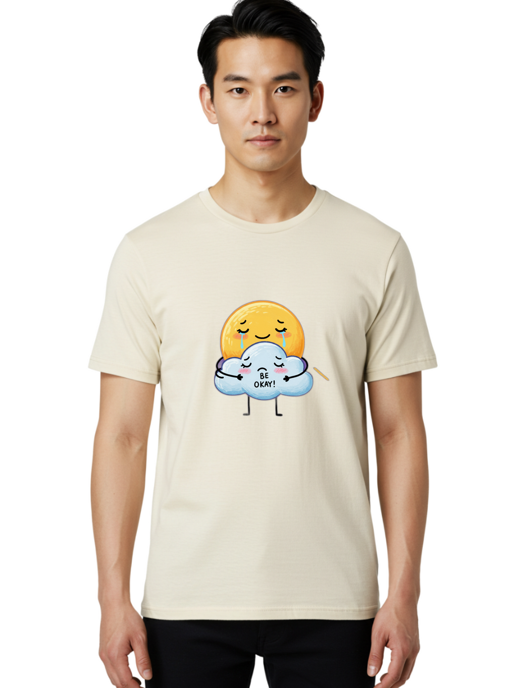 Be-Okay Men'S Graphic Tee, 100% Cotton, Comfortable Casual Summer Wear, Machine Washable, Crying Sun, Cloud Hugging Sun, Emotional Support, Comforting Words, Positive Affirmation, Mental Health Awareness, Cute Cartoon Characters, Bae002