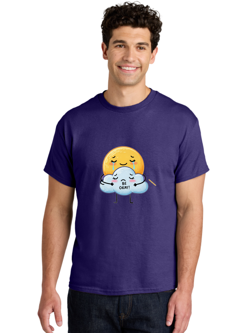 Be-Okay Men'S Graphic Tee, 100% Cotton, Comfortable Casual Summer Wear, Machine Washable, Crying Sun, Cloud Hugging Sun, Emotional Support, Comforting Words, Positive Affirmation, Mental Health Awareness, Cute Cartoon Characters, Bae002