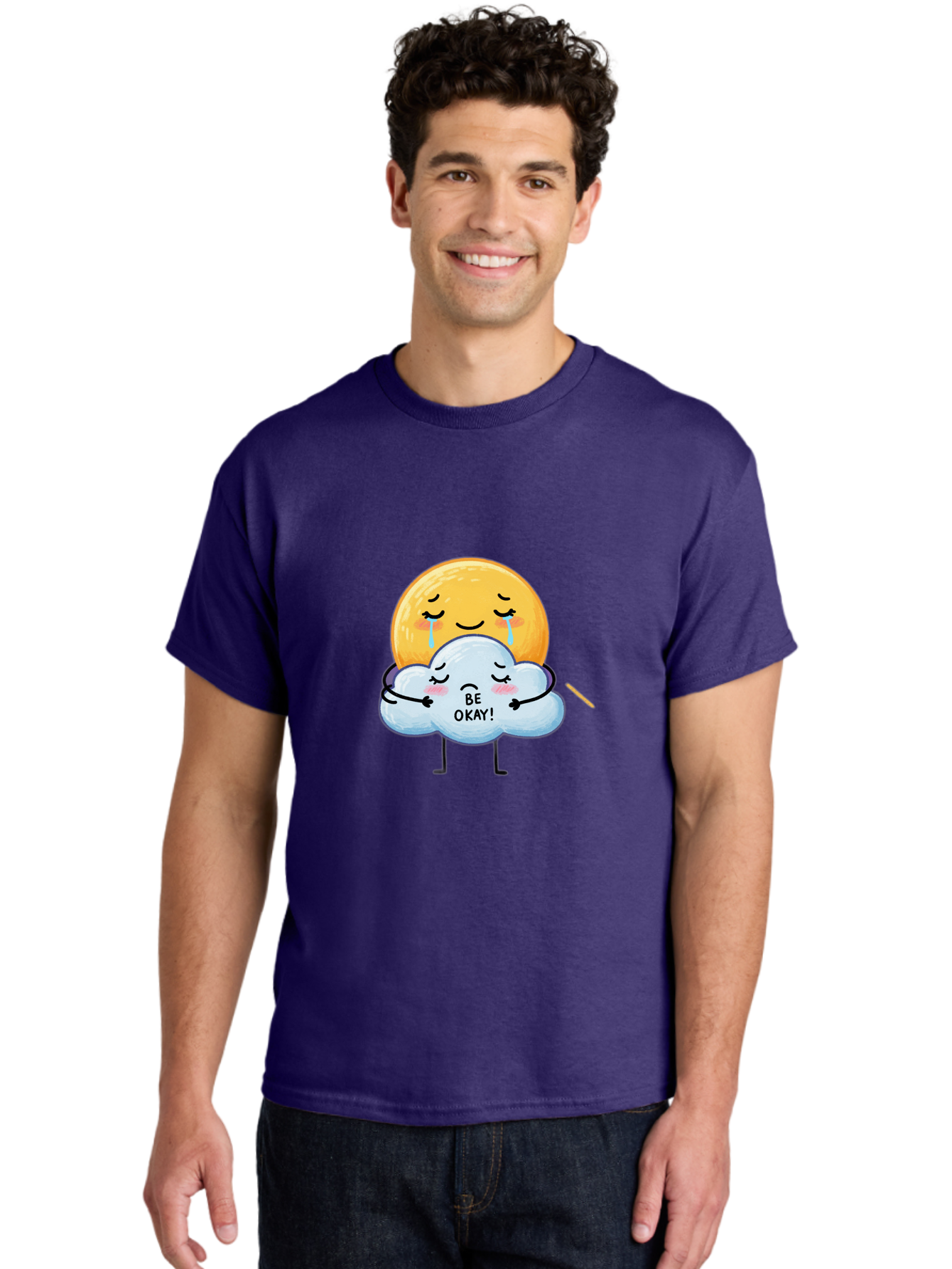 Be-Okay Men'S Graphic Tee, 100% Cotton, Comfortable Casual Summer Wear, Machine Washable, Crying Sun, Cloud Hugging Sun, Emotional Support, Comforting Words, Positive Affirmation, Mental Health Awareness, Cute Cartoon Characters, Bae002