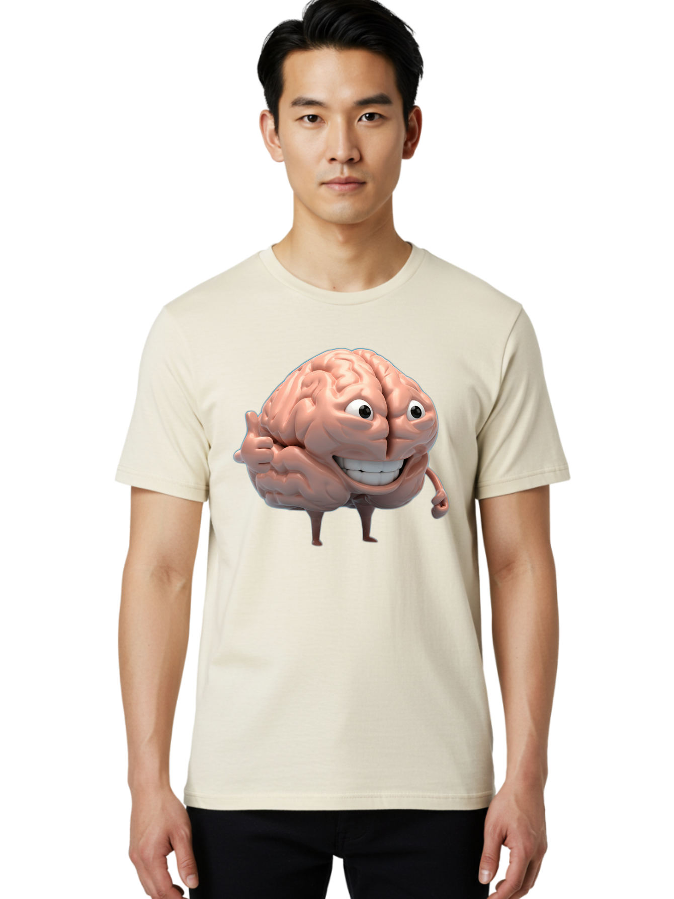 Brain-Character Men'S Graphic Tee, 100% Cotton, Comfortable Casual Summer Wear, Machine Washable, Human Brain, Cartoon Character, Thumbs Up, Smiling Face, Cognitive Function, Intelligence, Learning, Mental Power, Brain Power Bae003