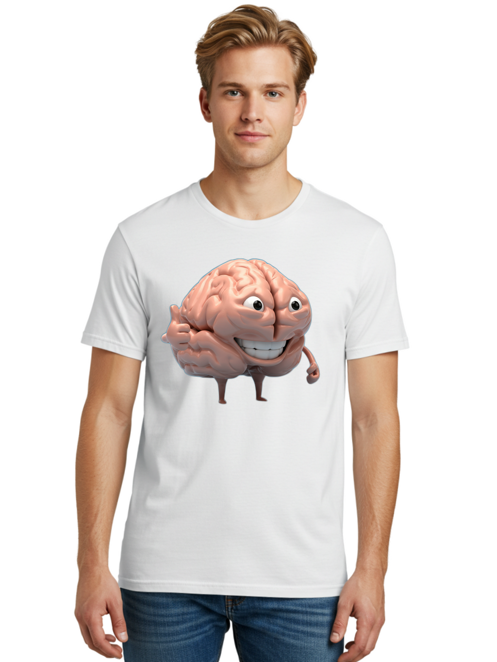 Brain-Character Men'S Graphic Tee, 100% Cotton, Comfortable Casual Summer Wear, Machine Washable, Human Brain, Cartoon Character, Thumbs Up, Smiling Face, Cognitive Function, Intelligence, Learning, Mental Power, Brain Power Bae003