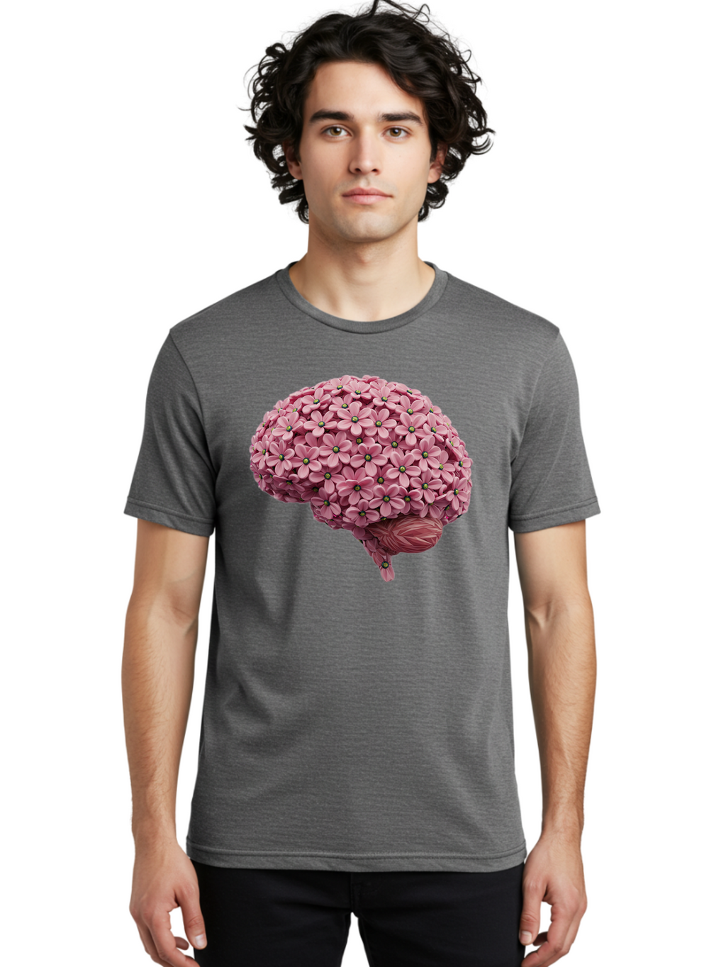 Brain-Made-Of-Flowers Men'S Graphic Tee, 100% Cotton, Comfortable Casual Summer Wear, Machine Washable, Brain Made Of Flowers, Floral Brain, Pink Flowers, Creative Thinking, Artistic Expression, Mental Health Awareness, Brain Illustration, Bae004