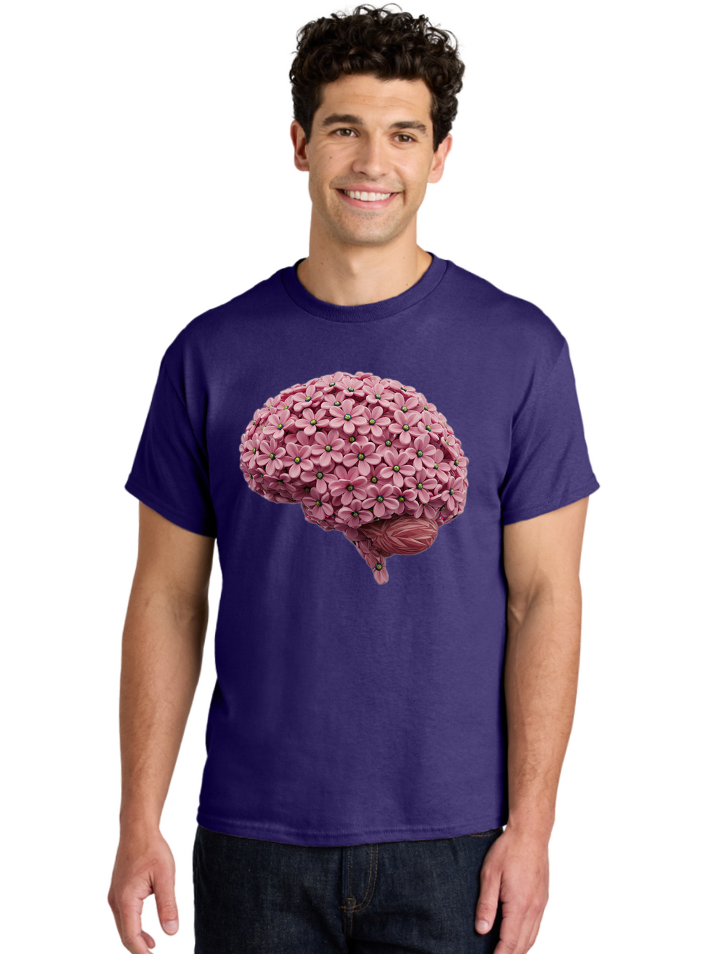 Brain-Made-Of-Flowers Men'S Graphic Tee, 100% Cotton, Comfortable Casual Summer Wear, Machine Washable, Brain Made Of Flowers, Floral Brain, Pink Flowers, Creative Thinking, Artistic Expression, Mental Health Awareness, Brain Illustration, Bae004