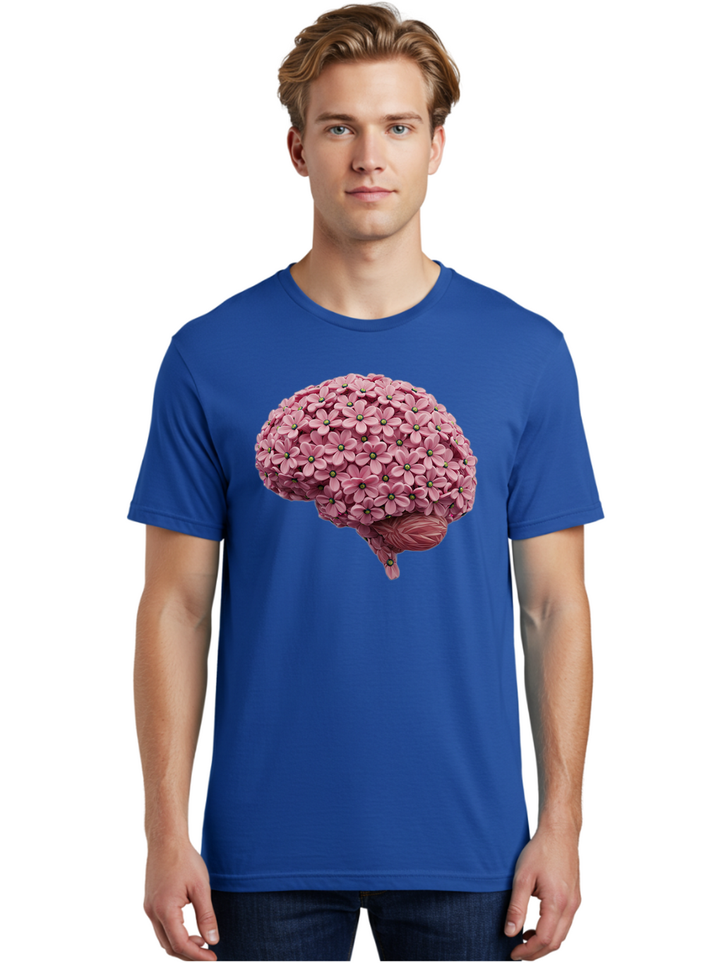 Brain-Made-Of-Flowers Men'S Graphic Tee, 100% Cotton, Comfortable Casual Summer Wear, Machine Washable, Brain Made Of Flowers, Floral Brain, Pink Flowers, Creative Thinking, Artistic Expression, Mental Health Awareness, Brain Illustration, Bae004