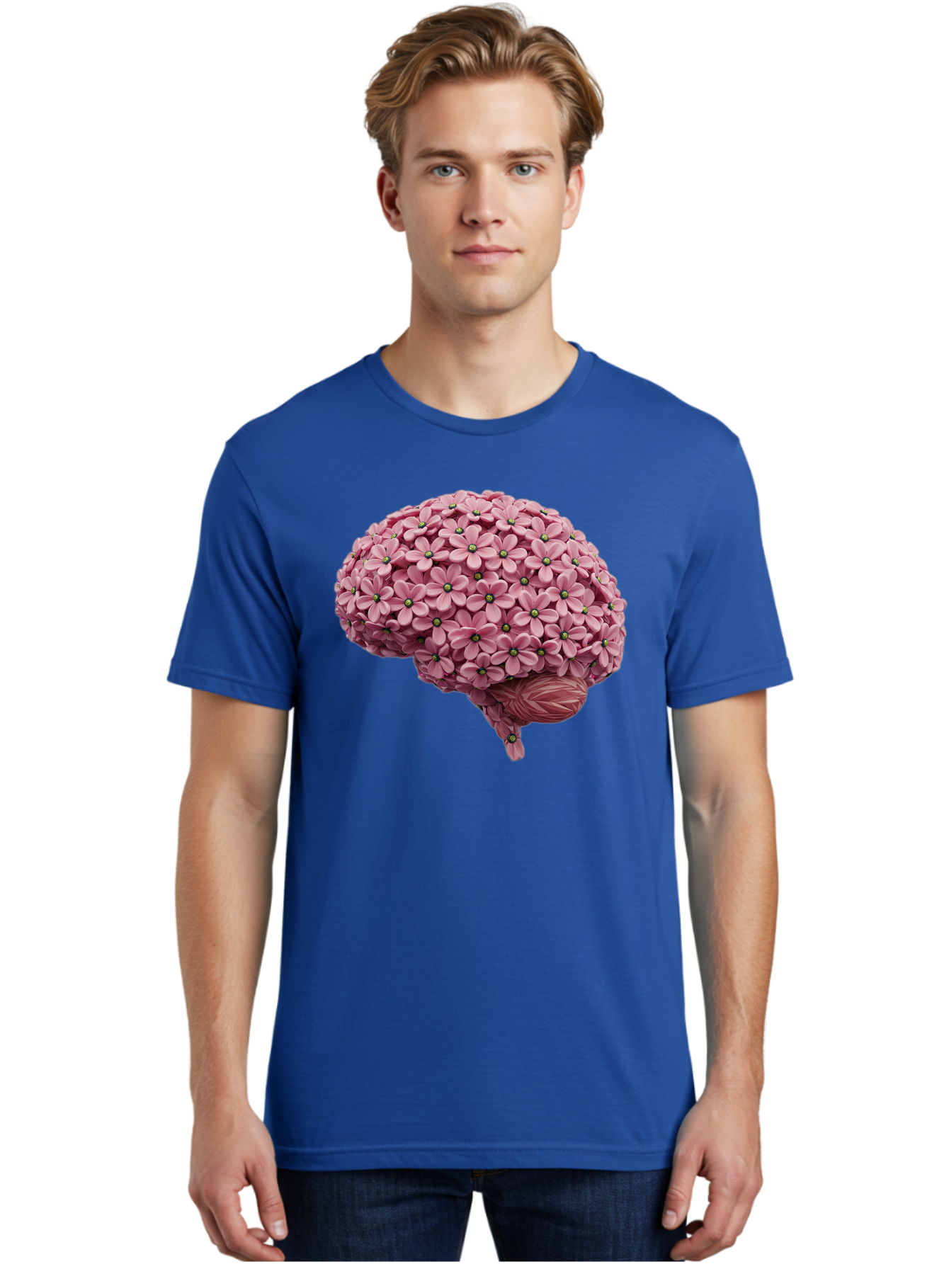 Brain-Made-Of-Flowers Men'S Graphic Tee, 100% Cotton, Comfortable Casual Summer Wear, Machine Washable, Brain Made Of Flowers, Floral Brain, Pink Flowers, Creative Thinking, Artistic Expression, Mental Health Awareness, Brain Illustration, Bae004