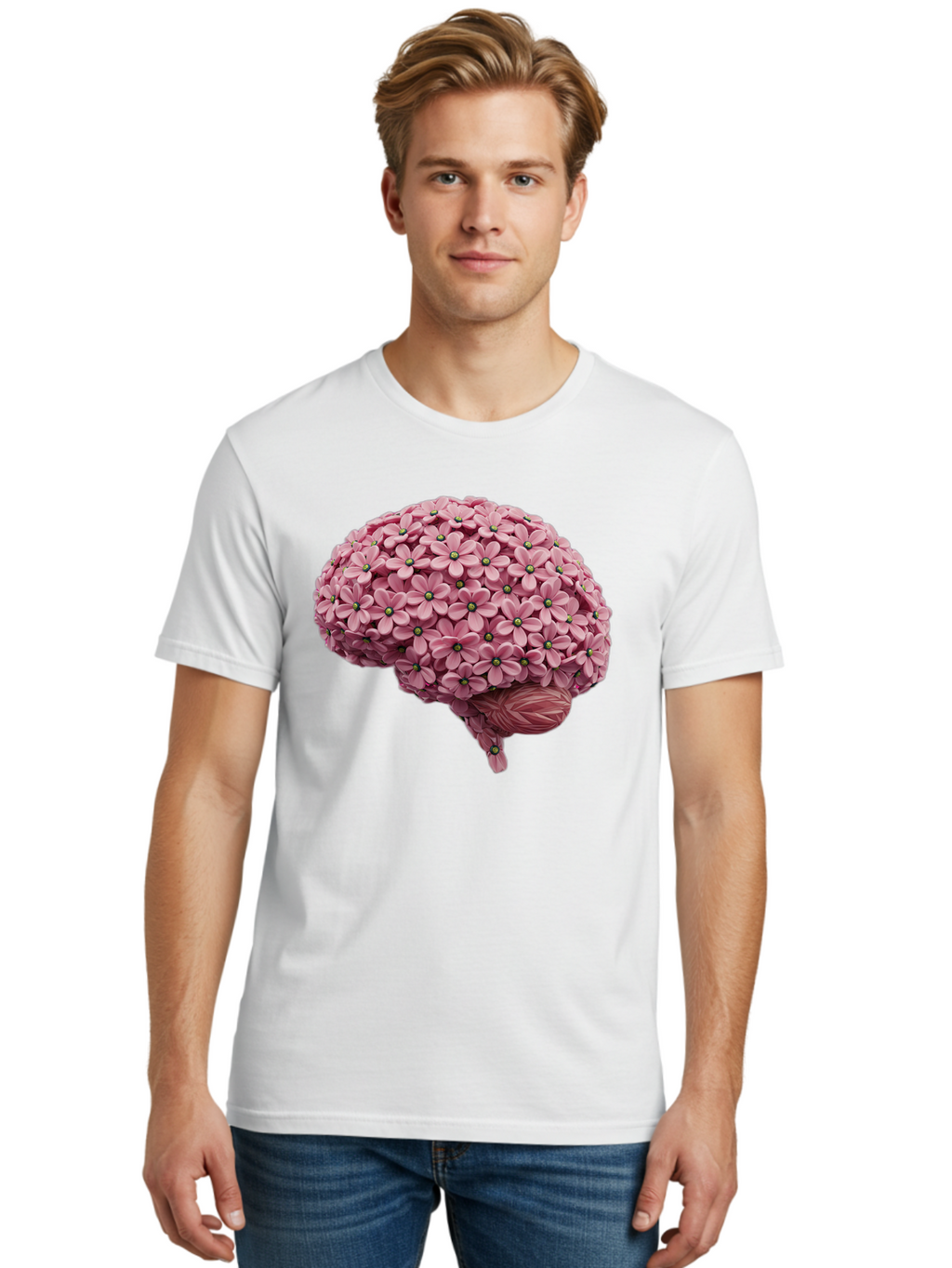 Brain-Made-Of-Flowers Men'S Graphic Tee, 100% Cotton, Comfortable Casual Summer Wear, Machine Washable, Brain Made Of Flowers, Floral Brain, Pink Flowers, Creative Thinking, Artistic Expression, Mental Health Awareness, Brain Illustration, Bae004