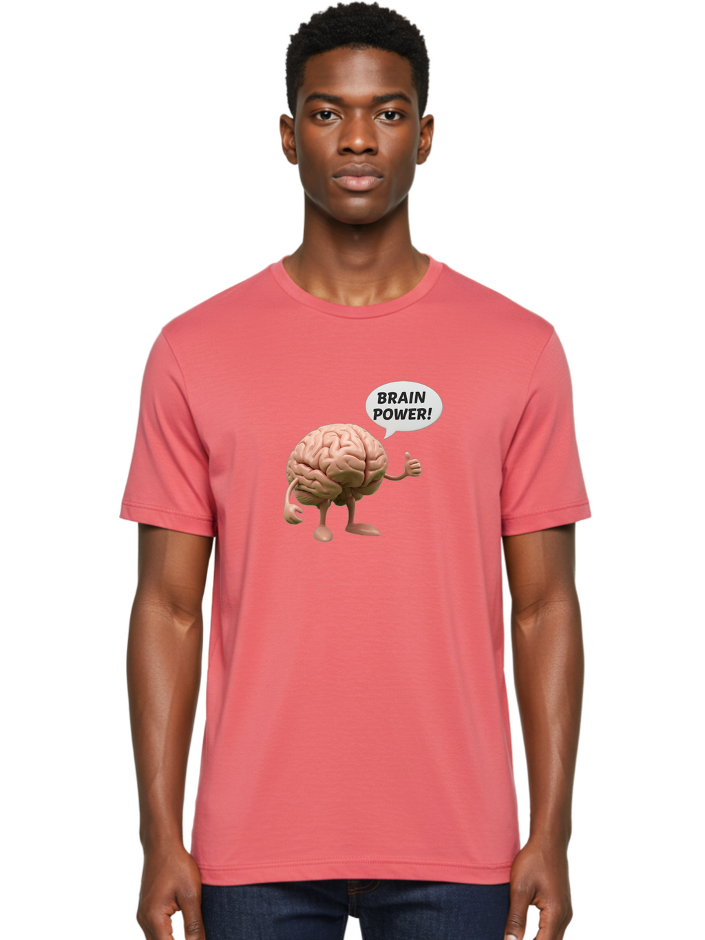 Brain-Power Men'S Graphic Tee, 100% Cotton, Comfortable Casual Summer Wear, Machine Washable, Cartoon Brain Character, Thumbs Up, Intellectual Power, Cognitive Abilities, Mental Strength, Smart Thinking, Brain Power, Happy Brain, Confidence, Bae005