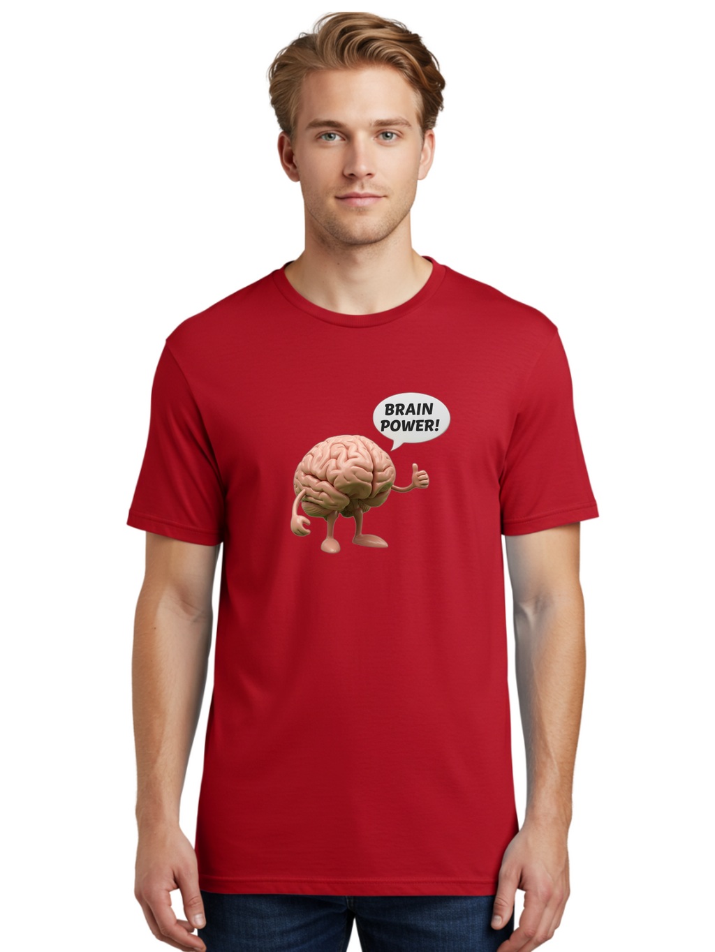 Brain-Power Men'S Graphic Tee, 100% Cotton, Comfortable Casual Summer Wear, Machine Washable, Cartoon Brain Character, Thumbs Up, Intellectual Power, Cognitive Abilities, Mental Strength, Smart Thinking, Brain Power, Happy Brain, Confidence, Bae005