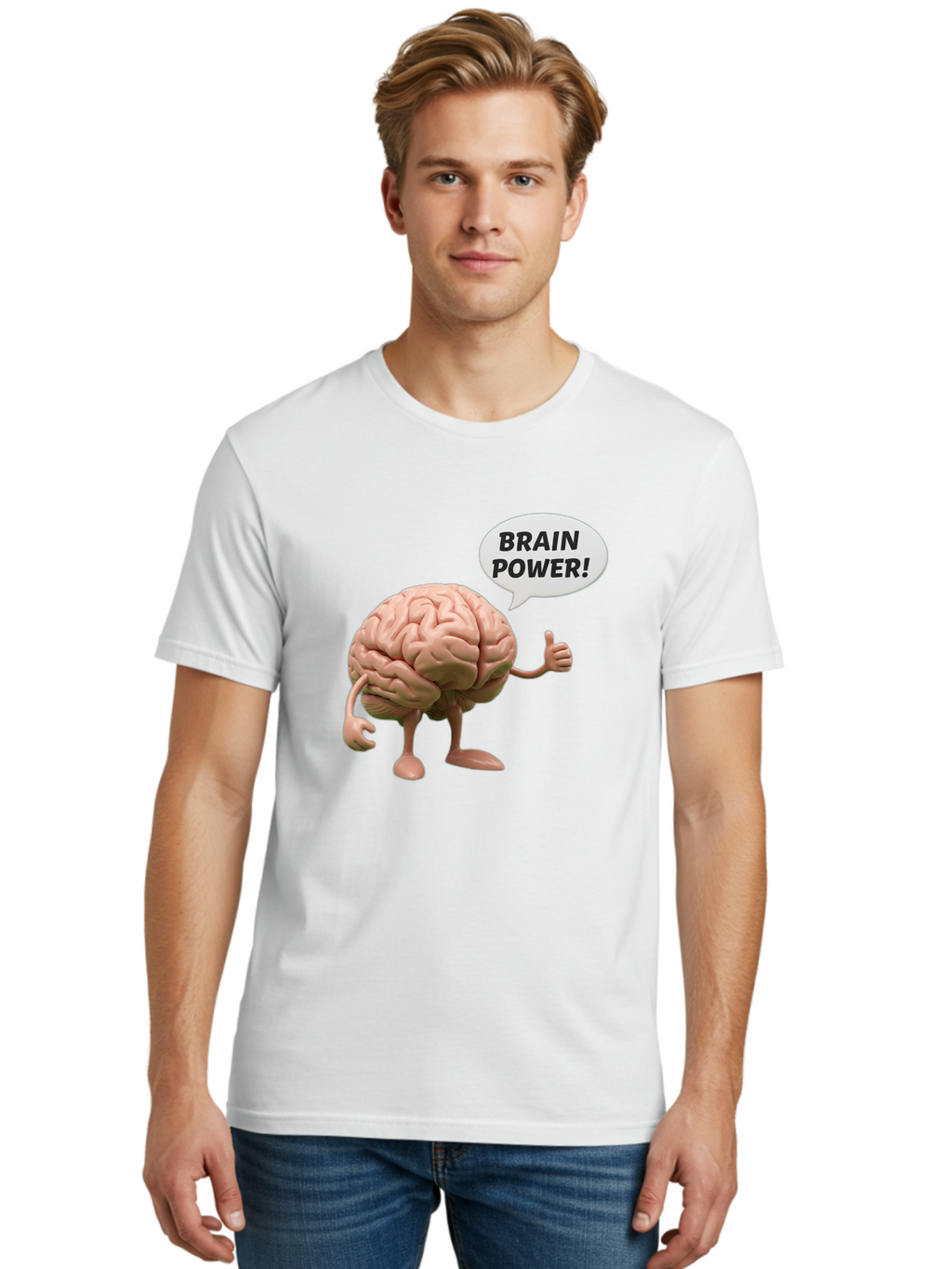 Brain-Power Men'S Graphic Tee, 100% Cotton, Comfortable Casual Summer Wear, Machine Washable, Cartoon Brain Character, Thumbs Up, Intellectual Power, Cognitive Abilities, Mental Strength, Smart Thinking, Brain Power, Happy Brain, Confidence, Bae005