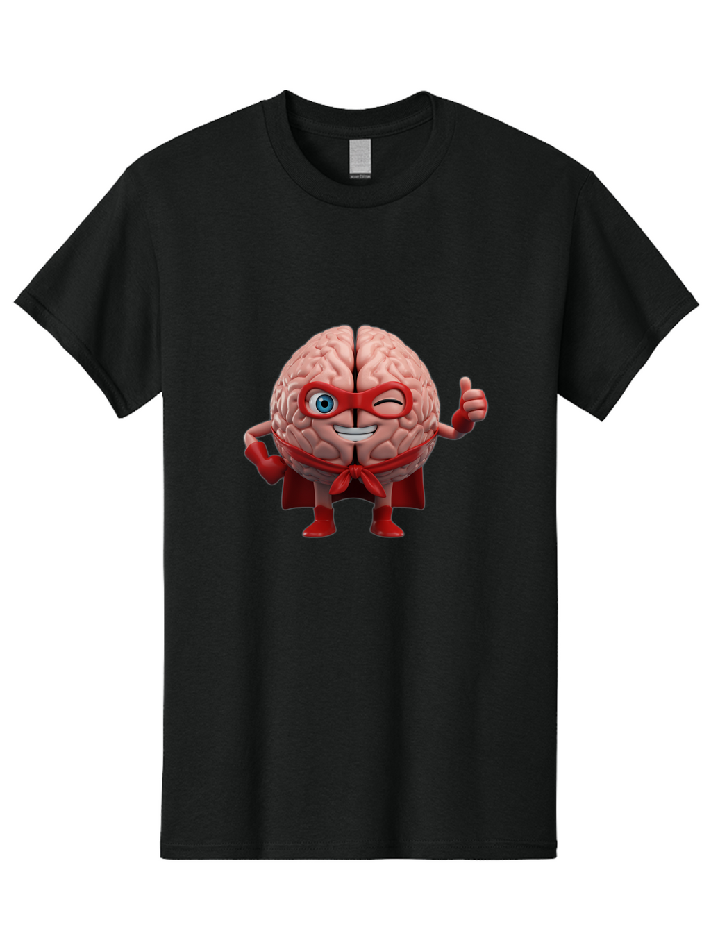 Brain-Superhero Men'S Graphic Tee, 100% Cotton, Comfortable Casual Summer Wear, Machine Washable, Cartoon Brain, Superhero Character, Comic Book Style, Flexing Muscles, Thumbs Up, Red Cape, Red Mask, Human Brain Illustration, Funny, Creative, Bae006