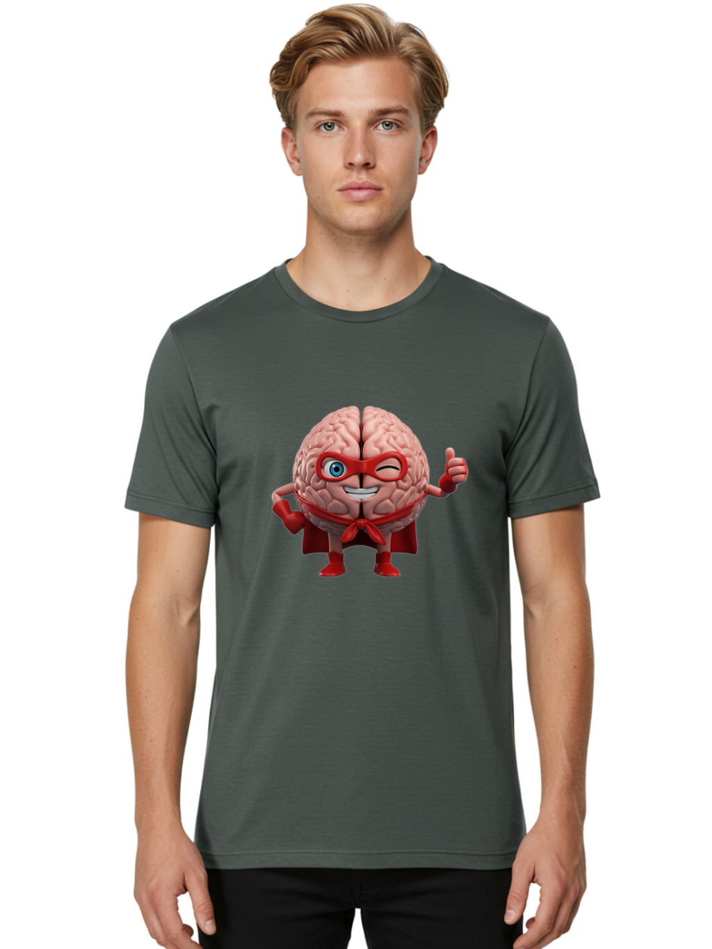 Brain-Superhero Men'S Graphic Tee, 100% Cotton, Comfortable Casual Summer Wear, Machine Washable, Cartoon Brain, Superhero Character, Comic Book Style, Flexing Muscles, Thumbs Up, Red Cape, Red Mask, Human Brain Illustration, Funny, Creative, Bae006