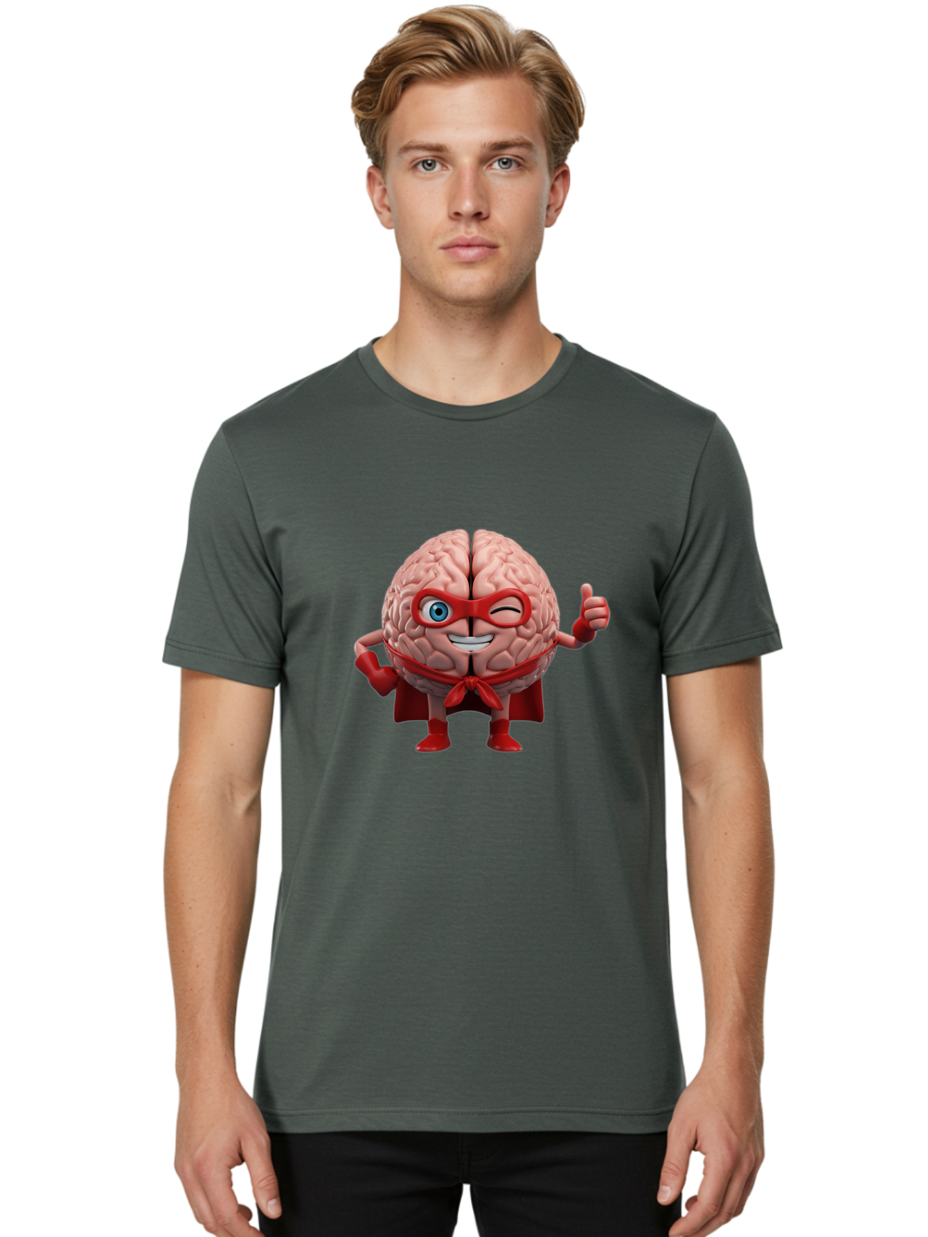 Brain-Superhero Men'S Graphic Tee, 100% Cotton, Comfortable Casual Summer Wear, Machine Washable, Cartoon Brain, Superhero Character, Comic Book Style, Flexing Muscles, Thumbs Up, Red Cape, Red Mask, Human Brain Illustration, Funny, Creative, Bae006
