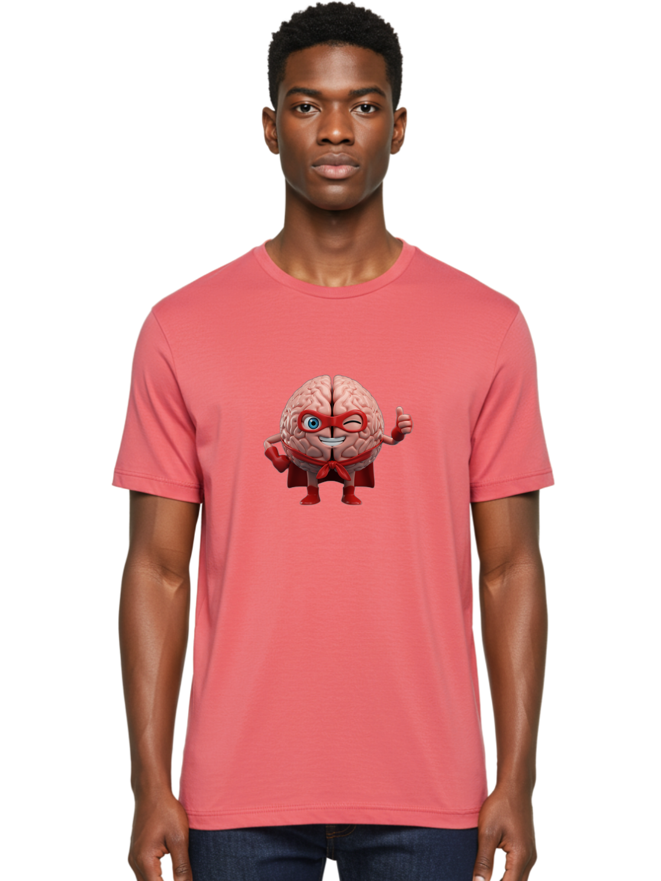 Brain-Superhero Men'S Graphic Tee, 100% Cotton, Comfortable Casual Summer Wear, Machine Washable, Cartoon Brain, Superhero Character, Comic Book Style, Flexing Muscles, Thumbs Up, Red Cape, Red Mask, Human Brain Illustration, Funny, Creative, Bae006
