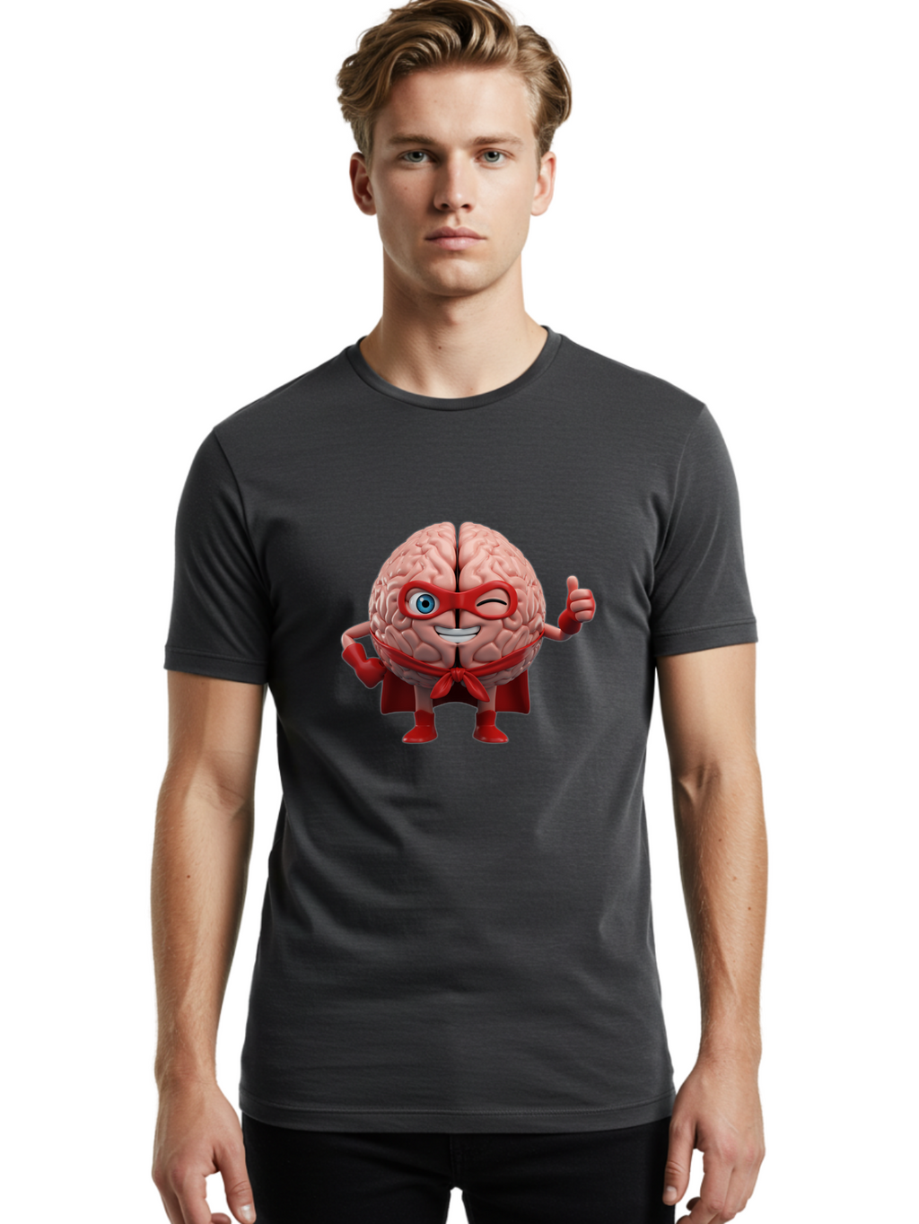 Brain-Superhero Men'S Graphic Tee, 100% Cotton, Comfortable Casual Summer Wear, Machine Washable, Cartoon Brain, Superhero Character, Comic Book Style, Flexing Muscles, Thumbs Up, Red Cape, Red Mask, Human Brain Illustration, Funny, Creative, Bae006