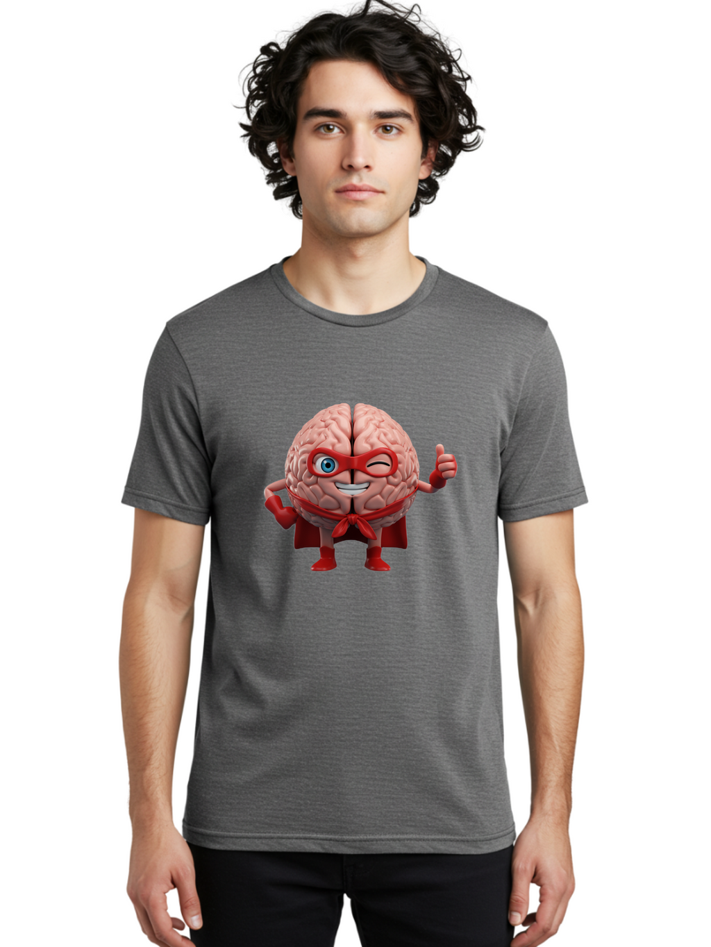 Brain-Superhero Men'S Graphic Tee, 100% Cotton, Comfortable Casual Summer Wear, Machine Washable, Cartoon Brain, Superhero Character, Comic Book Style, Flexing Muscles, Thumbs Up, Red Cape, Red Mask, Human Brain Illustration, Funny, Creative, Bae006