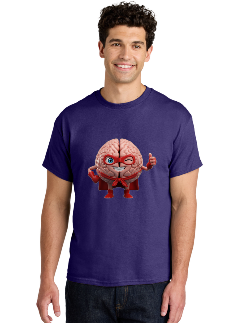 Brain-Superhero Men'S Graphic Tee, 100% Cotton, Comfortable Casual Summer Wear, Machine Washable, Cartoon Brain, Superhero Character, Comic Book Style, Flexing Muscles, Thumbs Up, Red Cape, Red Mask, Human Brain Illustration, Funny, Creative, Bae006