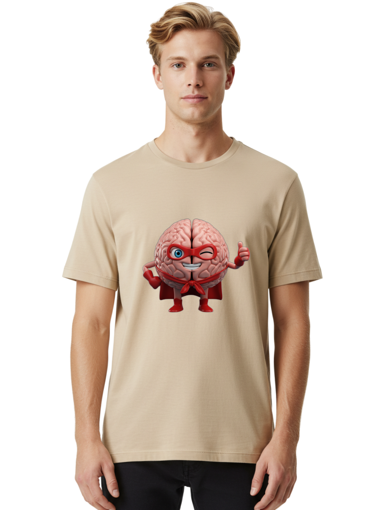 Brain-Superhero Men'S Graphic Tee, 100% Cotton, Comfortable Casual Summer Wear, Machine Washable, Cartoon Brain, Superhero Character, Comic Book Style, Flexing Muscles, Thumbs Up, Red Cape, Red Mask, Human Brain Illustration, Funny, Creative, Bae006