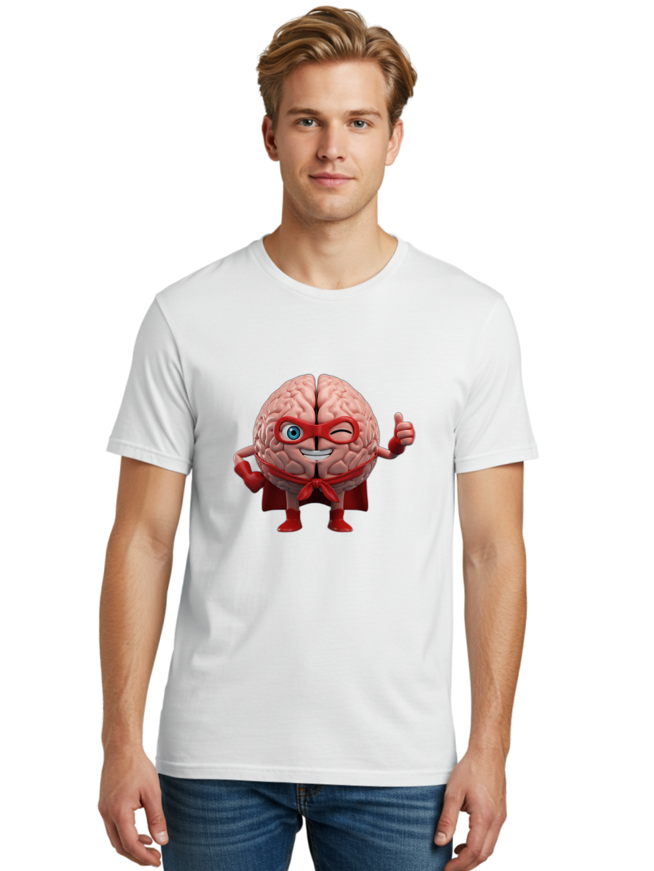 Brain-Superhero Men'S Graphic Tee, 100% Cotton, Comfortable Casual Summer Wear, Machine Washable, Cartoon Brain, Superhero Character, Comic Book Style, Flexing Muscles, Thumbs Up, Red Cape, Red Mask, Human Brain Illustration, Funny, Creative, Bae006