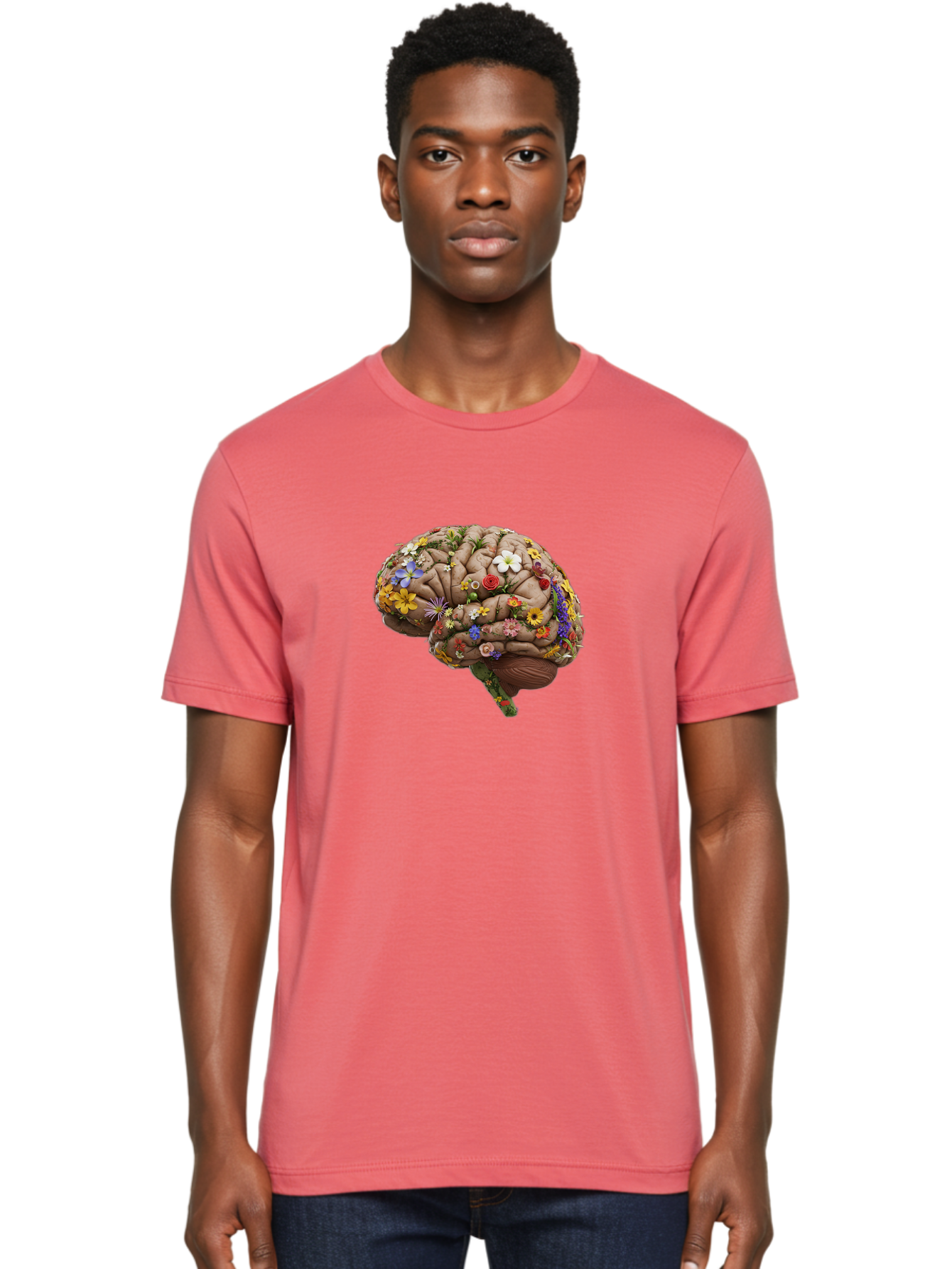 Brain-With-Flowers Men'S Graphic Tee, 100% Cotton, Comfortable Casual Summer Wear, Machine Washable, Human Brain, Flowers Blooming, Creative Thinking, Mental Health, Wellness, Vibrant Colors, Floral Arrangement, Positive Vibes, Brain Power, Bae007