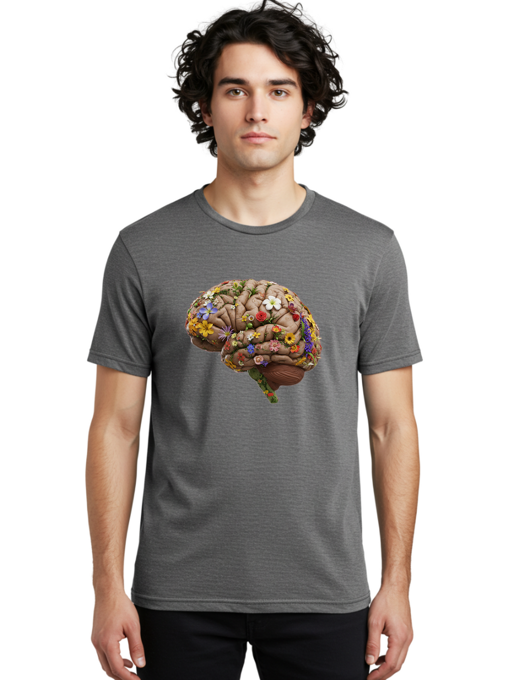 Brain-With-Flowers Men'S Graphic Tee, 100% Cotton, Comfortable Casual Summer Wear, Machine Washable, Human Brain, Flowers Blooming, Creative Thinking, Mental Health, Wellness, Vibrant Colors, Floral Arrangement, Positive Vibes, Brain Power, Bae007