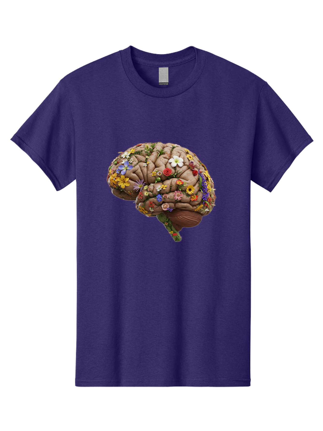 Brain-With-Flowers Men'S Graphic Tee, 100% Cotton, Comfortable Casual Summer Wear, Machine Washable, Human Brain, Flowers Blooming, Creative Thinking, Mental Health, Wellness, Vibrant Colors, Floral Arrangement, Positive Vibes, Brain Power, Bae007