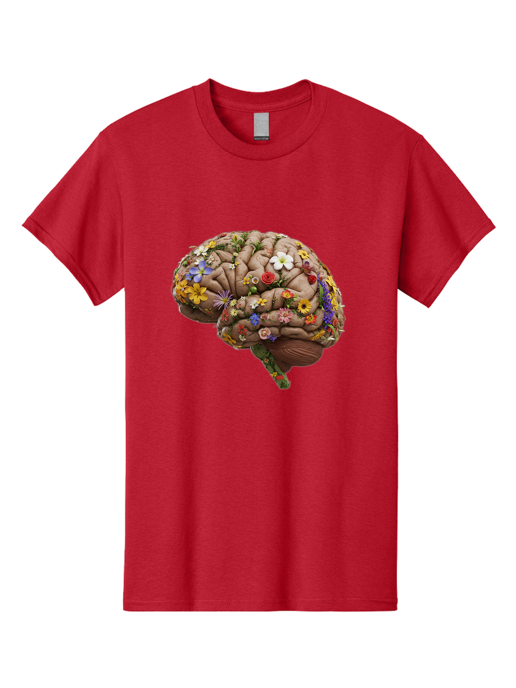 Brain-With-Flowers Men'S Graphic Tee, 100% Cotton, Comfortable Casual Summer Wear, Machine Washable, Human Brain, Flowers Blooming, Creative Thinking, Mental Health, Wellness, Vibrant Colors, Floral Arrangement, Positive Vibes, Brain Power, Bae007