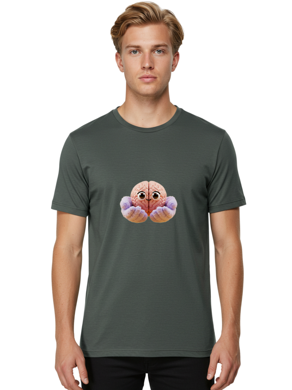 Brain-With-Googly-Eyes Men'S Graphic Tee, 100% Cotton, Comfortable Casual Summer Wear, Machine Washable, Anthropomorphic Brain, Googly Eyes, Brain With Hands, Cute Brain, Funny Brain, Quirky Character, Humorous Illustration, Creative Design, Bae008