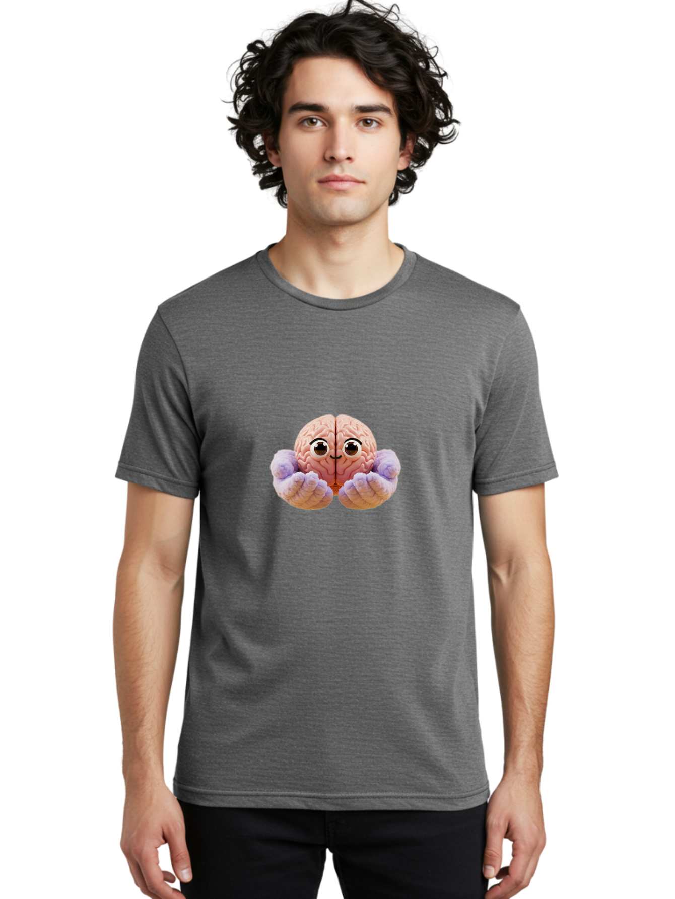 Brain-With-Googly-Eyes Men'S Graphic Tee, 100% Cotton, Comfortable Casual Summer Wear, Machine Washable, Anthropomorphic Brain, Googly Eyes, Brain With Hands, Cute Brain, Funny Brain, Quirky Character, Humorous Illustration, Creative Design, Bae008