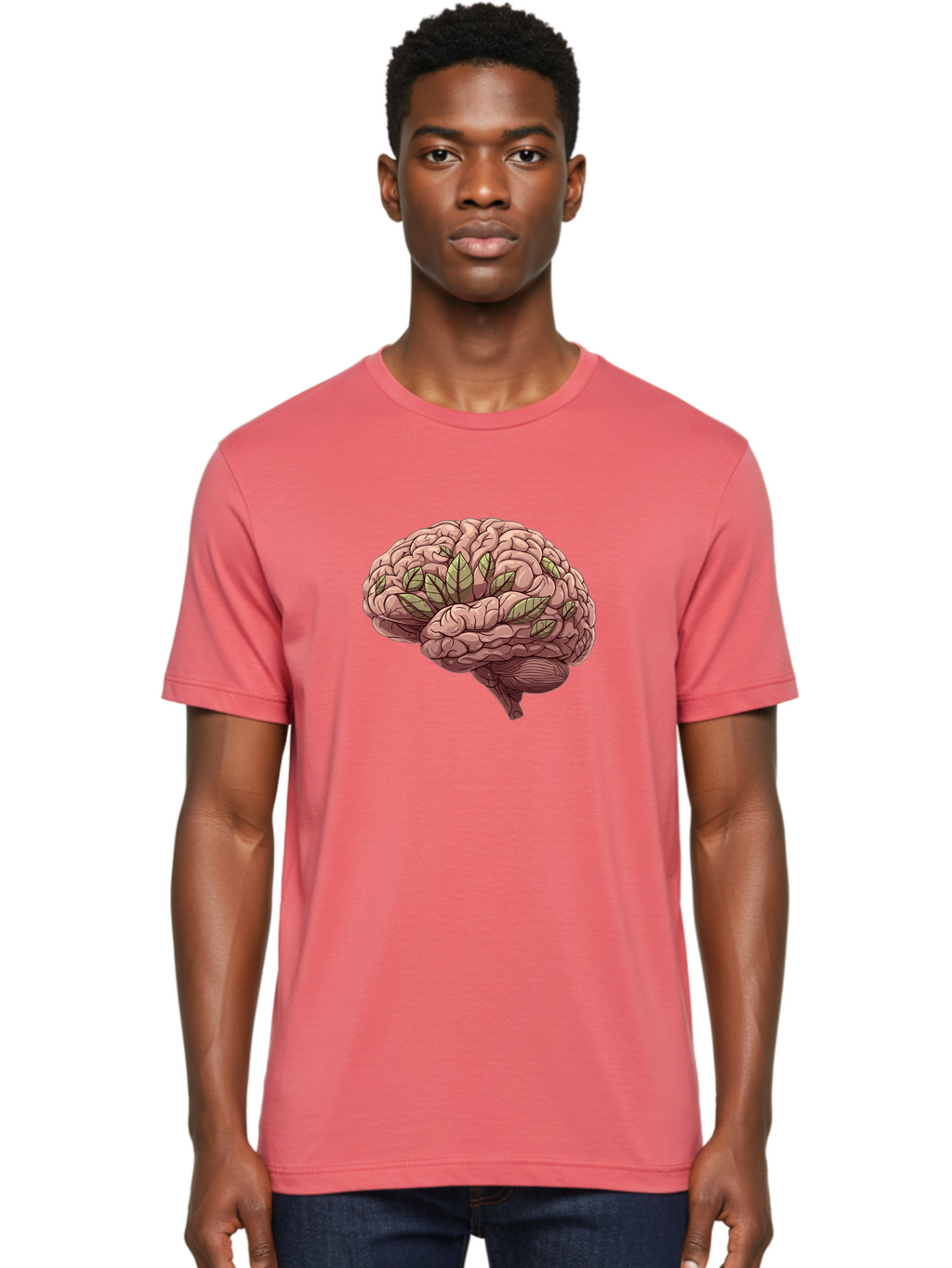 Brain-With-Marijuana-Leaves Men'S Graphic Tee, 100% Cotton, Comfortable Casual Summer Wear, Machine Washable, Human Brain, Leaves On Brain, Cognitive Function, Mental Wellness, Brain Health, Marijuana Effects, Cannabis And Brain Bae009