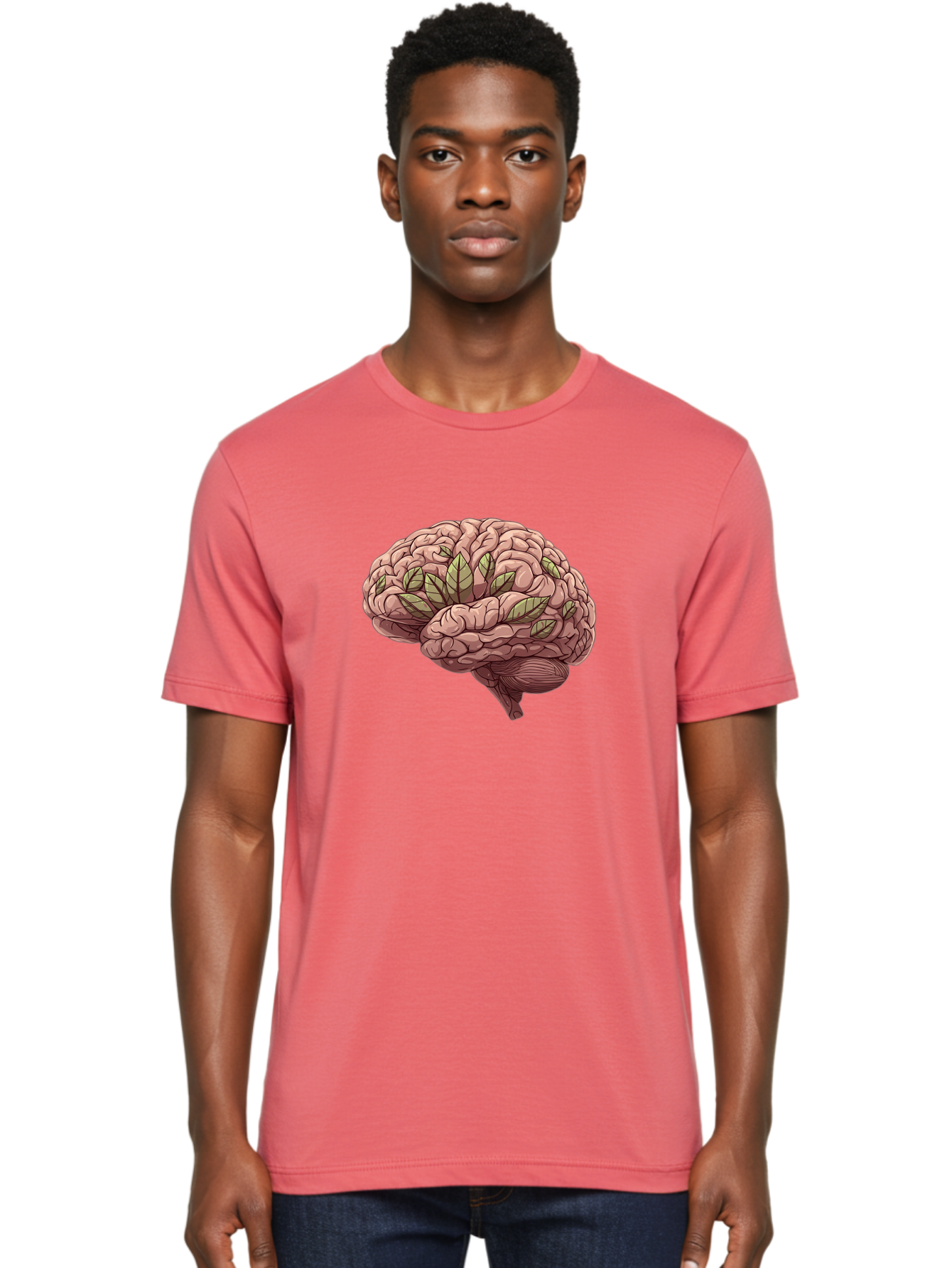 Brain-With-Marijuana-Leaves Men'S Graphic Tee, 100% Cotton, Comfortable Casual Summer Wear, Machine Washable, Human Brain, Leaves On Brain, Cognitive Function, Mental Wellness, Brain Health, Marijuana Effects, Cannabis And Brain Bae009