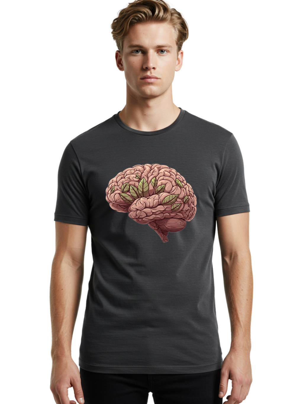 Brain-With-Marijuana-Leaves Men'S Graphic Tee, 100% Cotton, Comfortable Casual Summer Wear, Machine Washable, Human Brain, Leaves On Brain, Cognitive Function, Mental Wellness, Brain Health, Marijuana Effects, Cannabis And Brain Bae009
