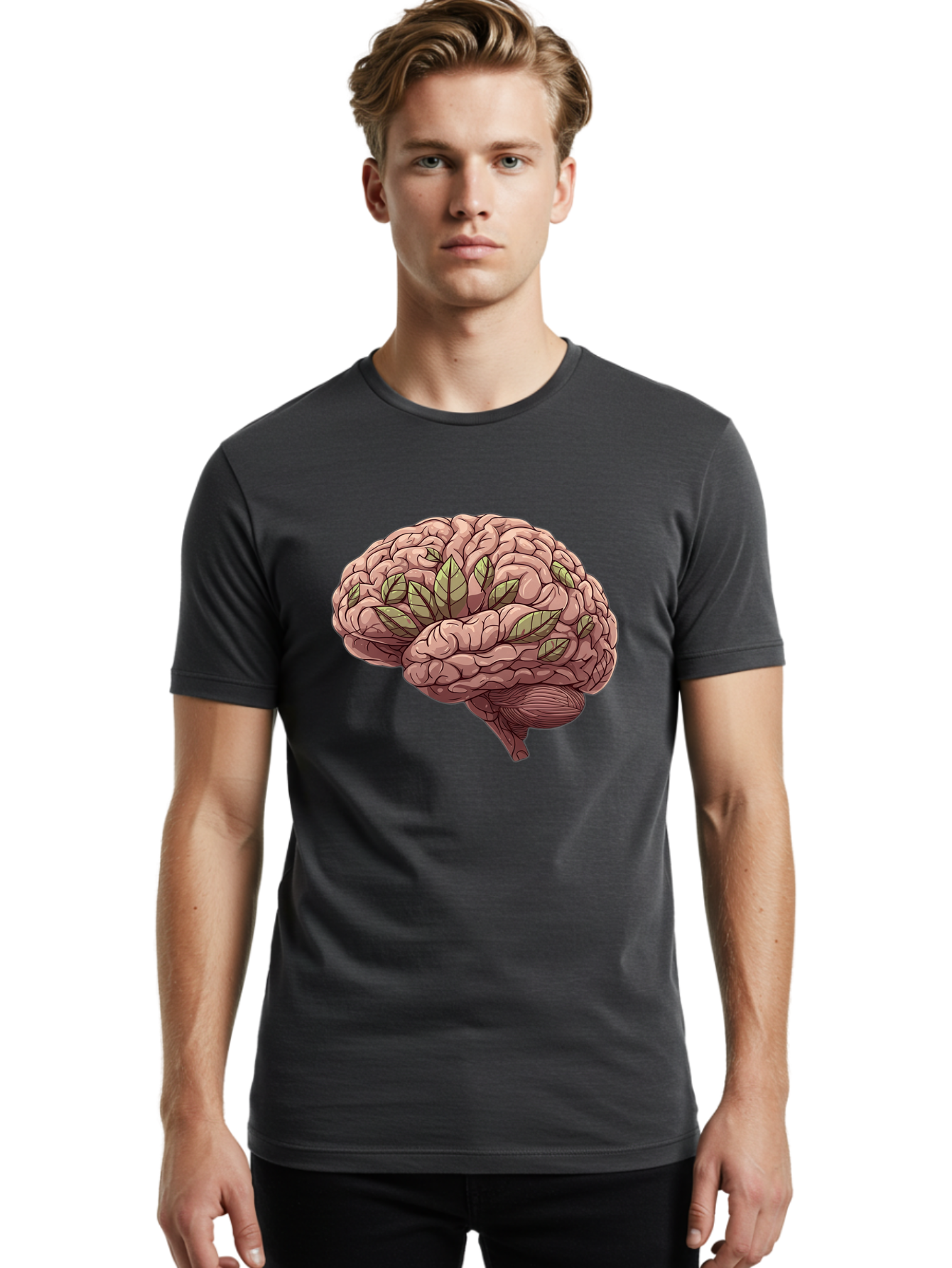 Brain-With-Marijuana-Leaves Men'S Graphic Tee, 100% Cotton, Comfortable Casual Summer Wear, Machine Washable, Human Brain, Leaves On Brain, Cognitive Function, Mental Wellness, Brain Health, Marijuana Effects, Cannabis And Brain Bae009