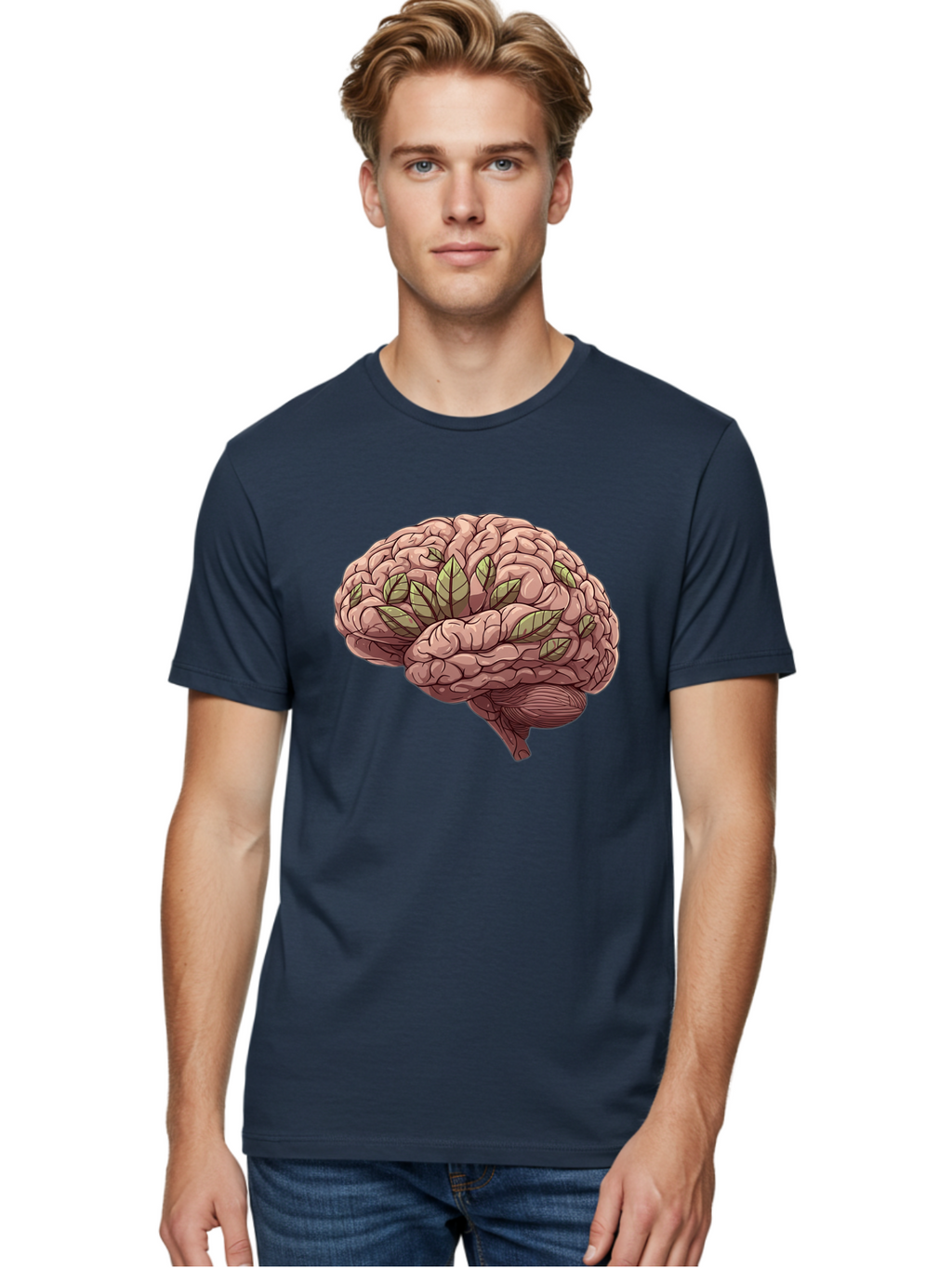 Brain-With-Marijuana-Leaves Men'S Graphic Tee, 100% Cotton, Comfortable Casual Summer Wear, Machine Washable, Human Brain, Leaves On Brain, Cognitive Function, Mental Wellness, Brain Health, Marijuana Effects, Cannabis And Brain Bae009