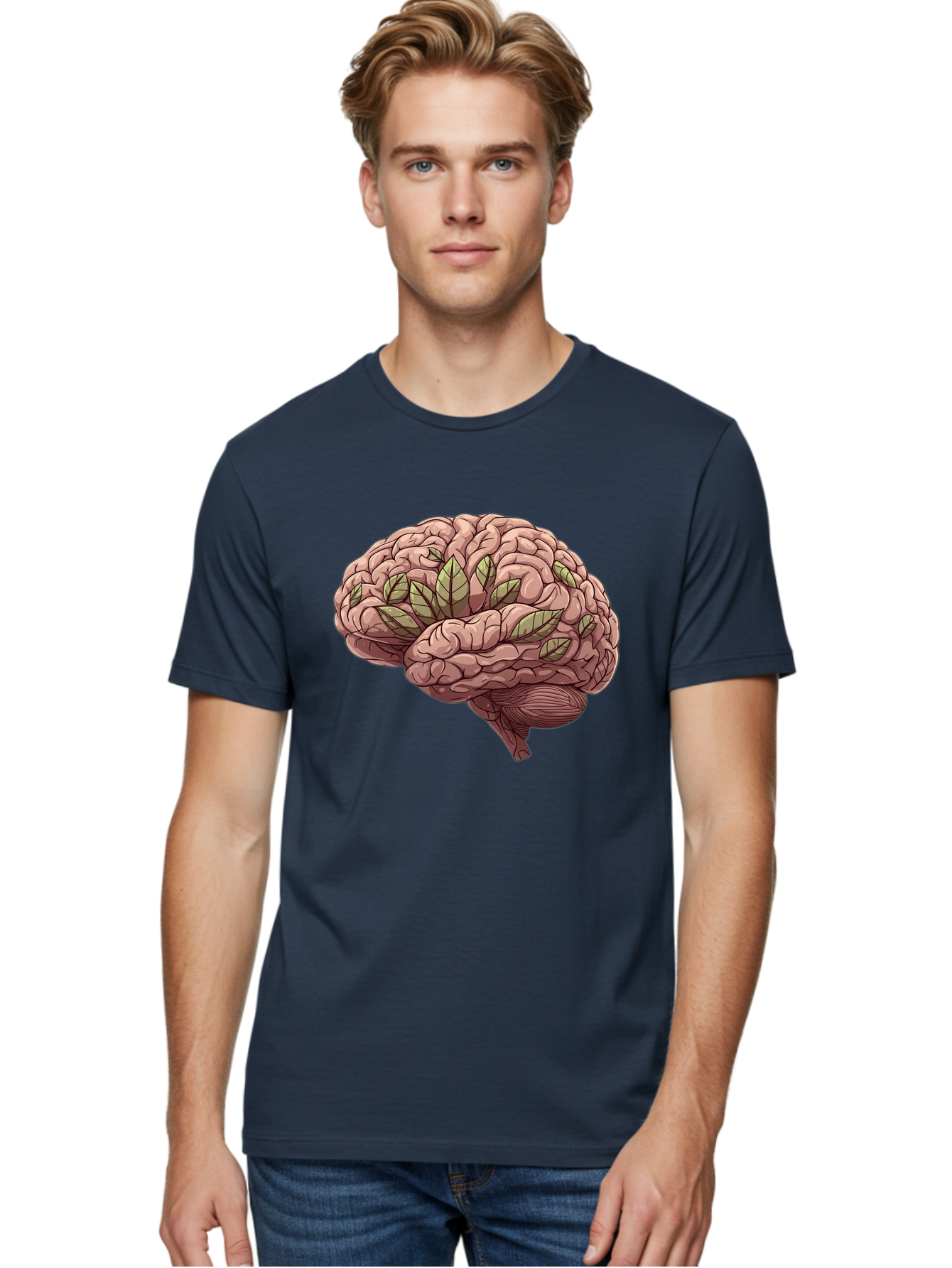 Brain-With-Marijuana-Leaves Men'S Graphic Tee, 100% Cotton, Comfortable Casual Summer Wear, Machine Washable, Human Brain, Leaves On Brain, Cognitive Function, Mental Wellness, Brain Health, Marijuana Effects, Cannabis And Brain Bae009
