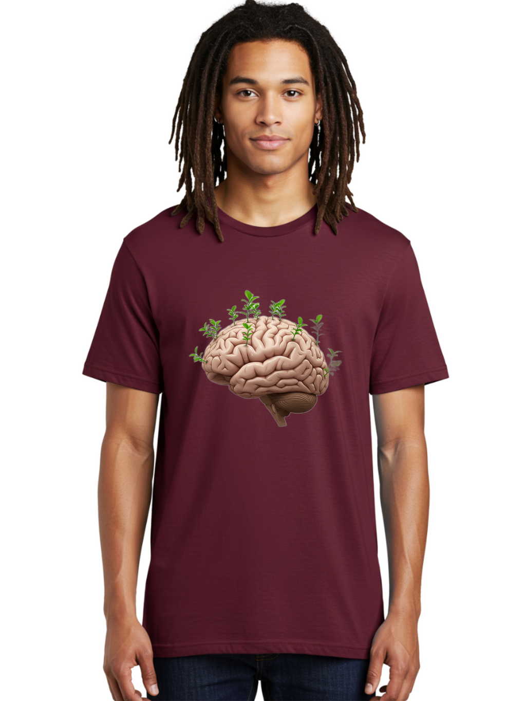 Brain-With-Sprouts Men'S Graphic Tee, 100% Cotton, Comfortable Casual Summer Wear, Machine Washable, Human Brain, Plants Growing Out, Creative Thinking, Neuroscience, Brain Function, Mental Growth, Green Shoots Bae010