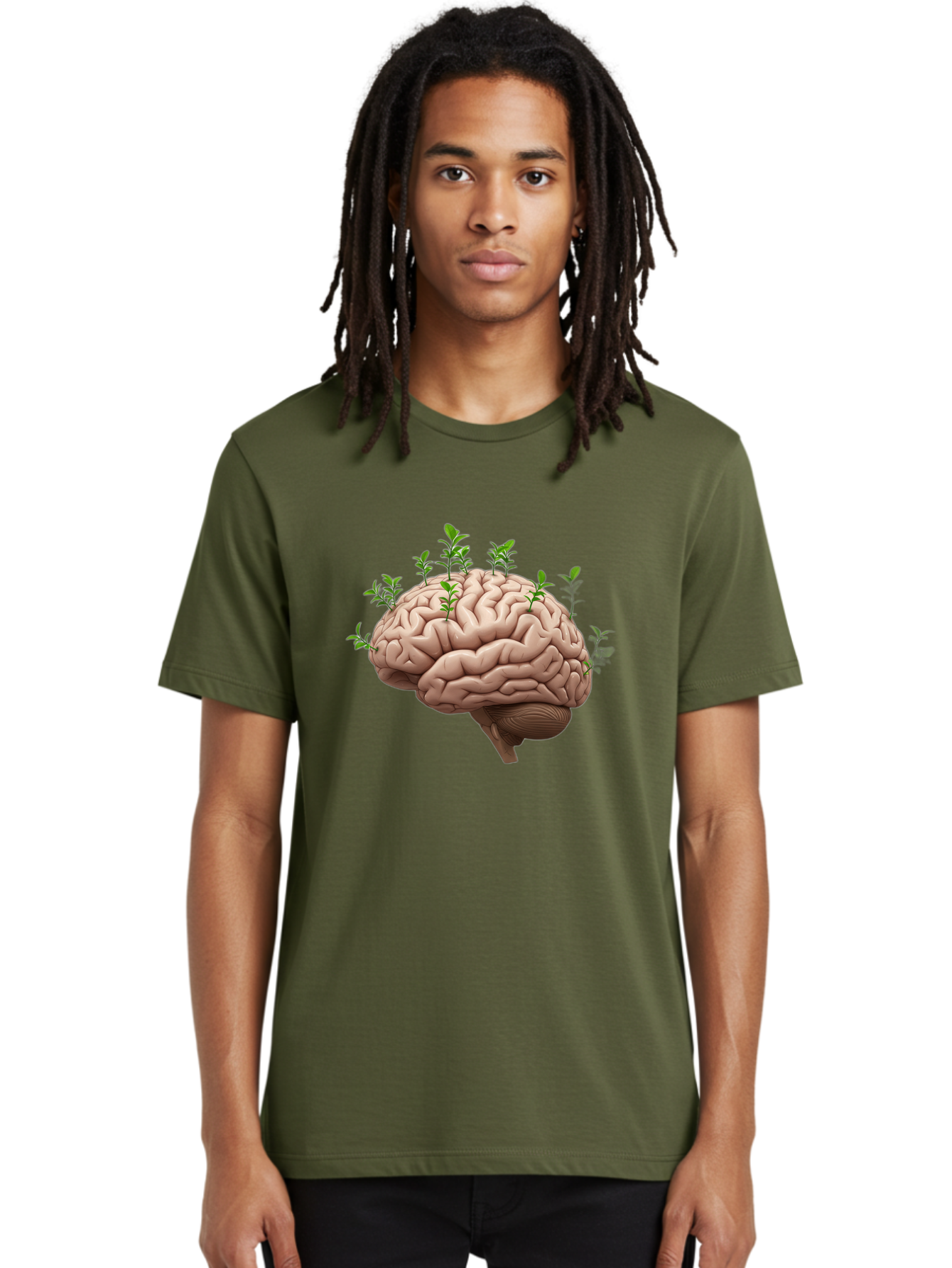 Brain-With-Sprouts Men'S Graphic Tee, 100% Cotton, Comfortable Casual Summer Wear, Machine Washable, Human Brain, Plants Growing Out, Creative Thinking, Neuroscience, Brain Function, Mental Growth, Green Shoots Bae010