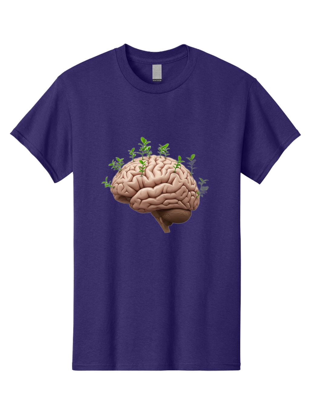 Brain-With-Sprouts Men'S Graphic Tee, 100% Cotton, Comfortable Casual Summer Wear, Machine Washable, Human Brain, Plants Growing Out, Creative Thinking, Neuroscience, Brain Function, Mental Growth, Green Shoots Bae010