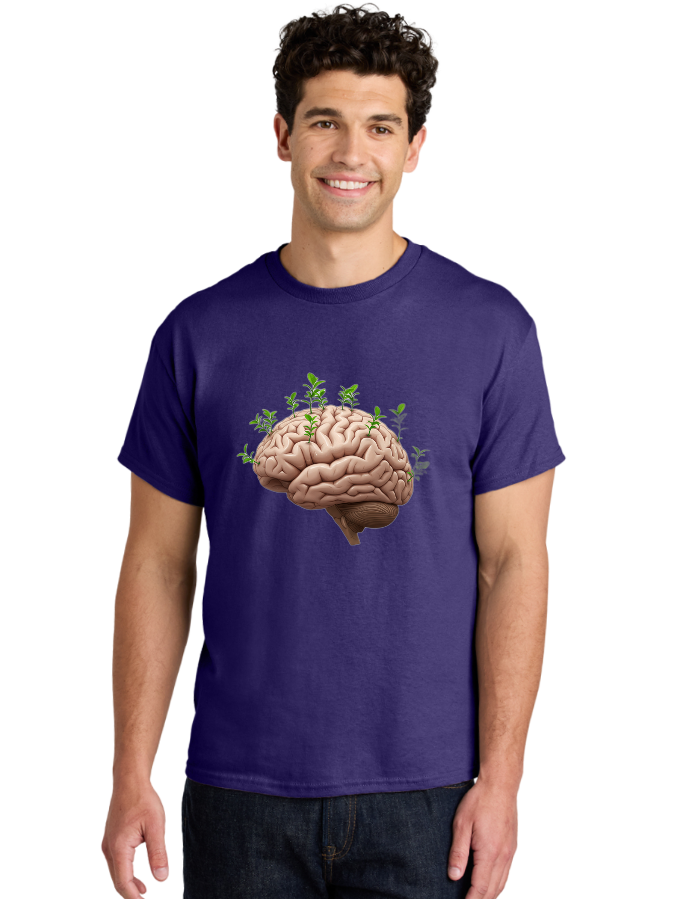Brain-With-Sprouts Men'S Graphic Tee, 100% Cotton, Comfortable Casual Summer Wear, Machine Washable, Human Brain, Plants Growing Out, Creative Thinking, Neuroscience, Brain Function, Mental Growth, Green Shoots Bae010