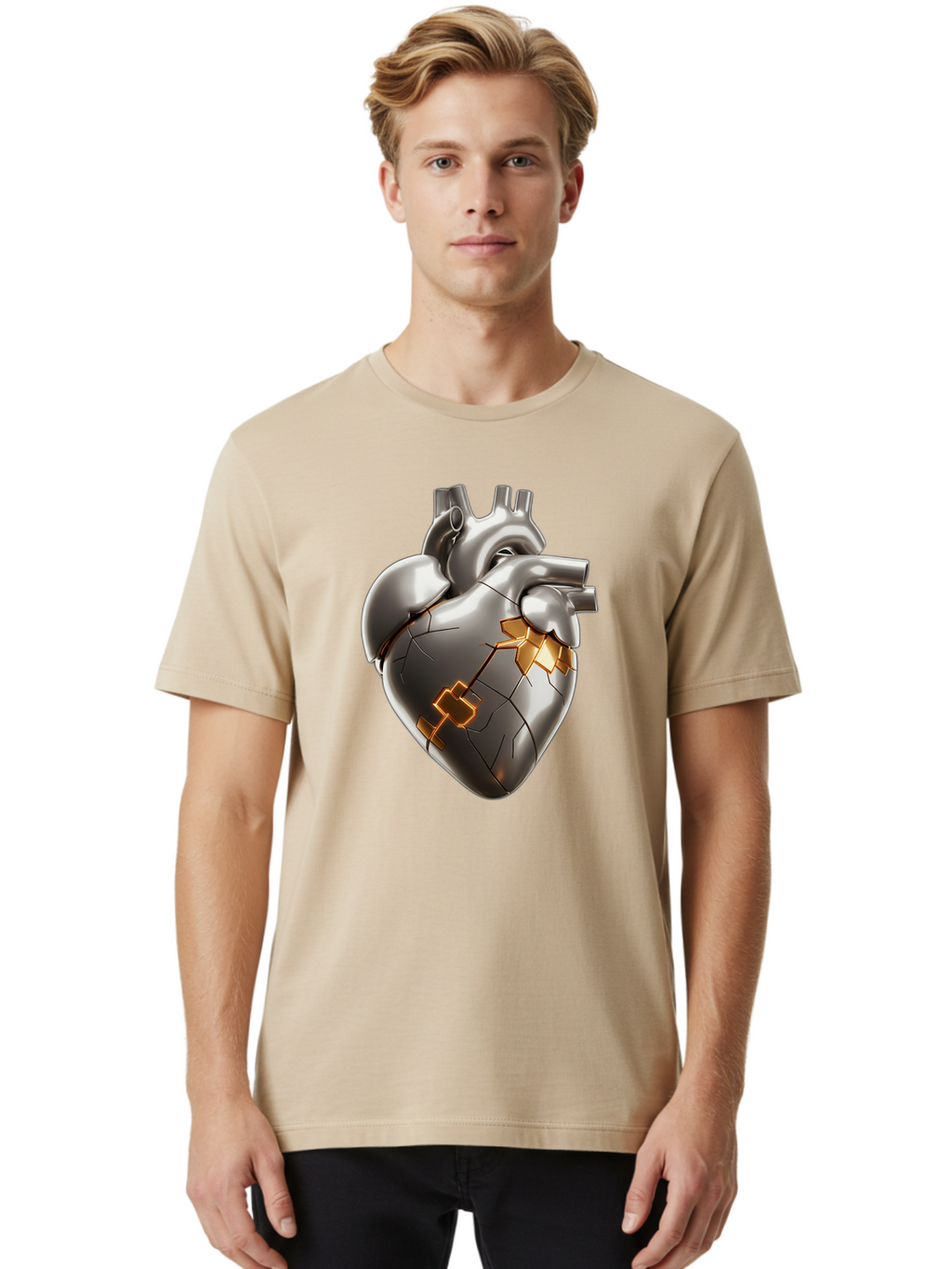 Broken-Metal-Heart Men'S Graphic Tee, 100% Cotton, Comfortable Casual Summer Wear, Machine Washable, Broken Heart, Metal Heart, Kintsugi Repair, Cracked Heart, Healing Process, Heart Repair, Metal Cracks, Golden Seams, Damaged Heart, Bae011