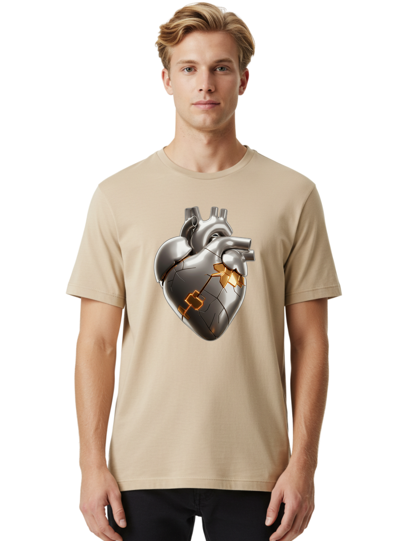 Broken-Metal-Heart Men'S Graphic Tee, 100% Cotton, Comfortable Casual Summer Wear, Machine Washable, Broken Heart, Metal Heart, Kintsugi Repair, Cracked Heart, Healing Process, Heart Repair, Metal Cracks, Golden Seams, Damaged Heart, Bae011