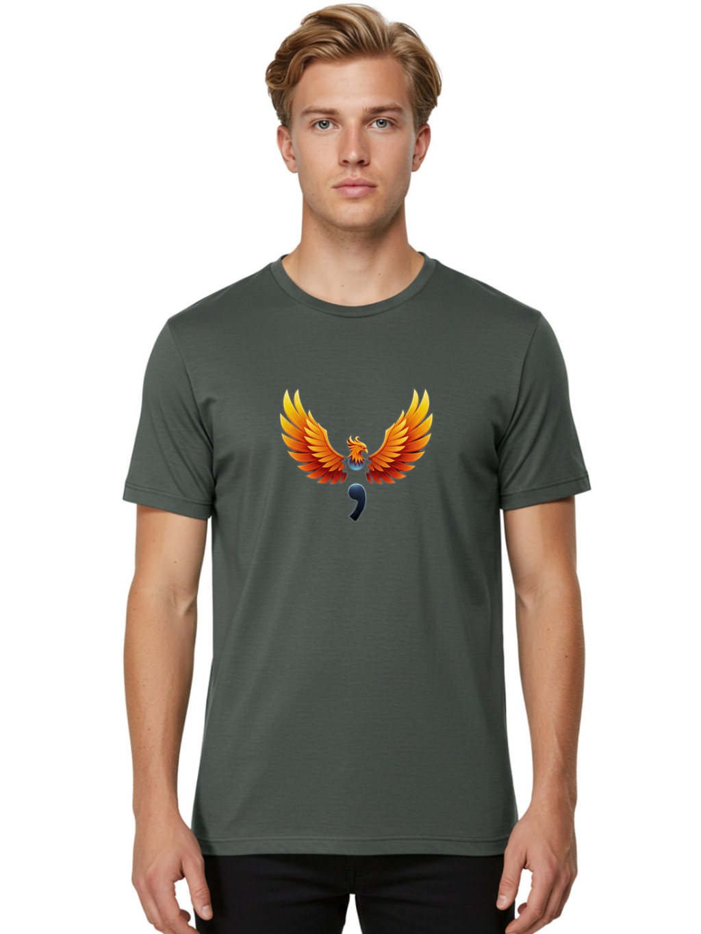 Comma-Semicolon-Phoenix Men'S Graphic Tee, 100% Cotton, Comfortable Casual Summer Wear, Machine Washable, Phoenix Rising, Fiery Bird, Orange Wings, Comma Symbol, Creative Artwork, Mythical Creature, Symbolic Representation, Vibrant Graphics, Bae012