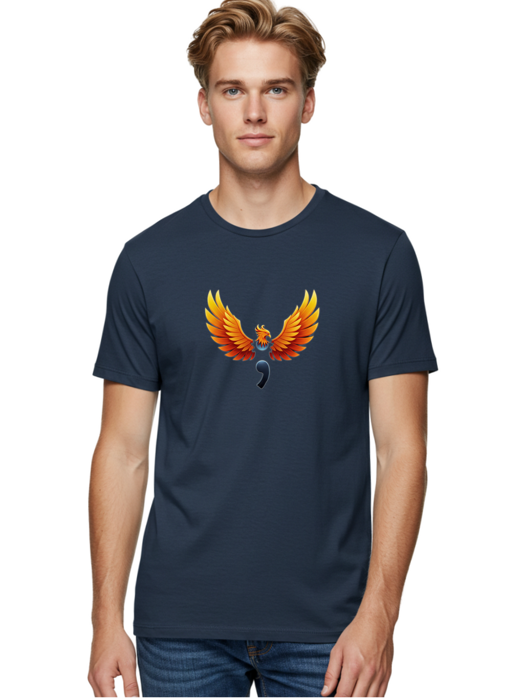 Comma-Semicolon-Phoenix Men'S Graphic Tee, 100% Cotton, Comfortable Casual Summer Wear, Machine Washable, Phoenix Rising, Fiery Bird, Orange Wings, Comma Symbol, Creative Artwork, Mythical Creature, Symbolic Representation, Vibrant Graphics, Bae012