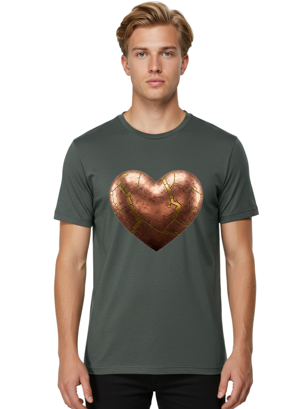 Cracked-Heart-2 Men'S Graphic Tee, 100% Cotton, Comfortable Casual Summer Wear, Machine Washable, Kintsugi Heart, Broken Heart, Cracked Heart, Heart Symbol, Repair, Restoration, Love, Heartbreak, Symbolism, Metaphor, Art, Gold, Broken Pieces Bae015