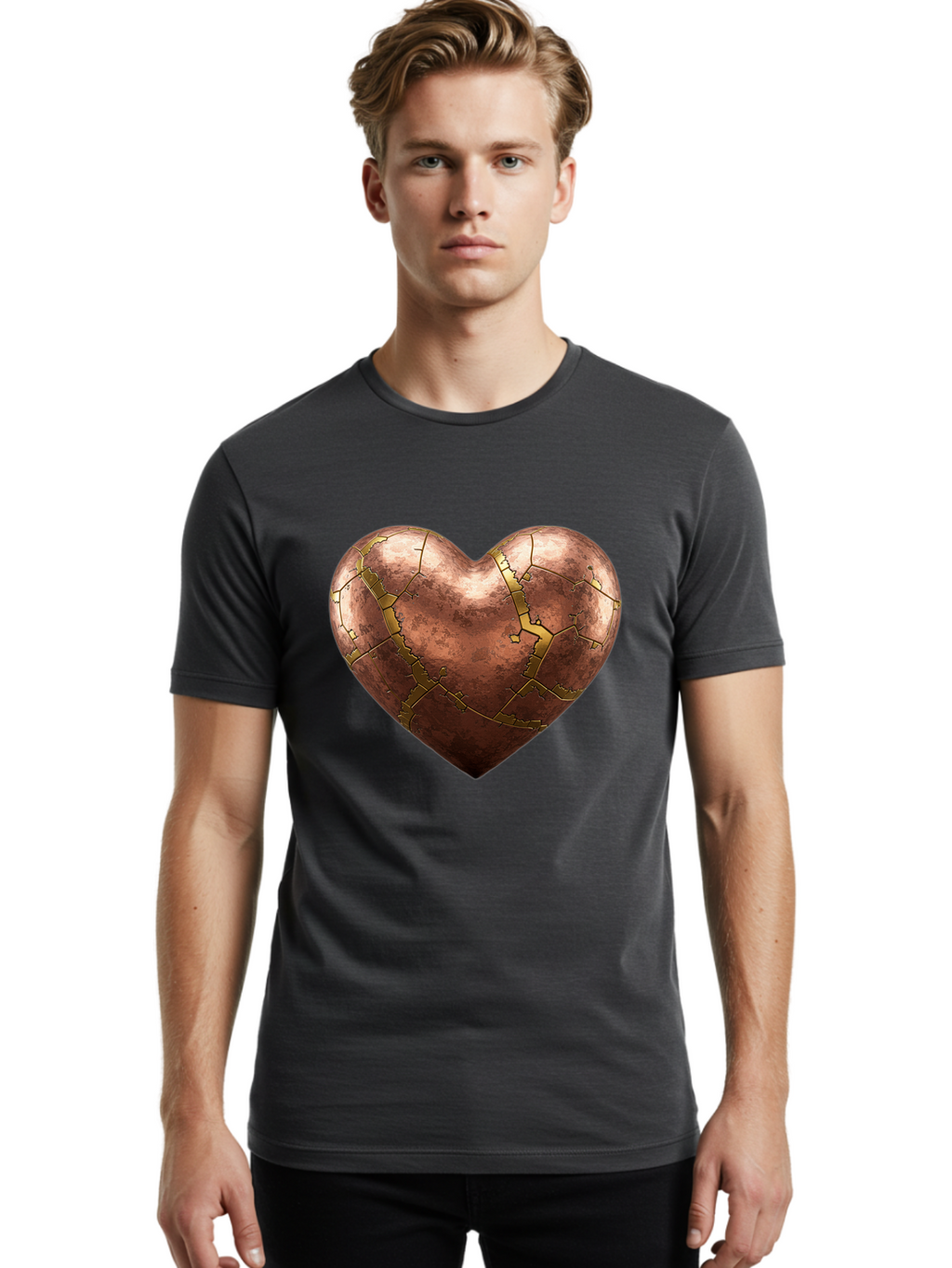 Cracked-Heart-2 Men'S Graphic Tee, 100% Cotton, Comfortable Casual Summer Wear, Machine Washable, Kintsugi Heart, Broken Heart, Cracked Heart, Heart Symbol, Repair, Restoration, Love, Heartbreak, Symbolism, Metaphor, Art, Gold, Broken Pieces Bae015