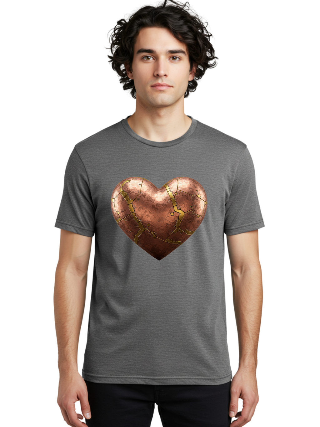 Cracked-Heart-2 Men'S Graphic Tee, 100% Cotton, Comfortable Casual Summer Wear, Machine Washable, Kintsugi Heart, Broken Heart, Cracked Heart, Heart Symbol, Repair, Restoration, Love, Heartbreak, Symbolism, Metaphor, Art, Gold, Broken Pieces Bae015