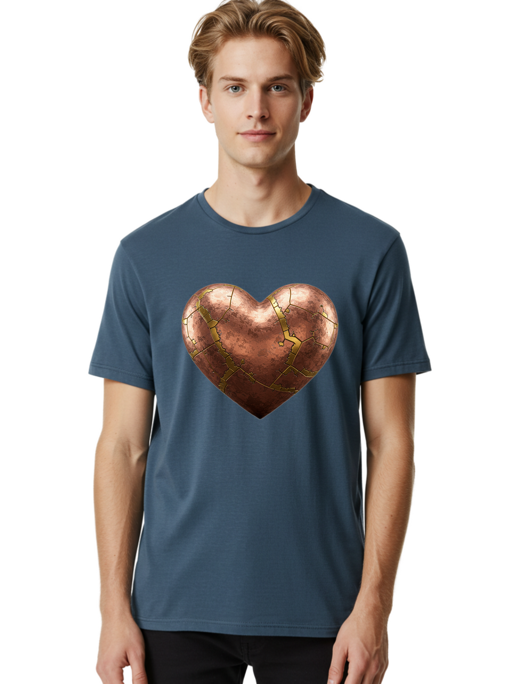 Cracked-Heart-2 Men'S Graphic Tee, 100% Cotton, Comfortable Casual Summer Wear, Machine Washable, Kintsugi Heart, Broken Heart, Cracked Heart, Heart Symbol, Repair, Restoration, Love, Heartbreak, Symbolism, Metaphor, Art, Gold, Broken Pieces Bae015