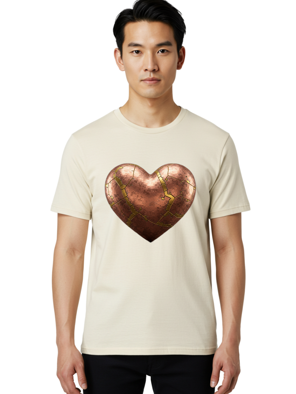 Cracked-Heart-2 Men'S Graphic Tee, 100% Cotton, Comfortable Casual Summer Wear, Machine Washable, Kintsugi Heart, Broken Heart, Cracked Heart, Heart Symbol, Repair, Restoration, Love, Heartbreak, Symbolism, Metaphor, Art, Gold, Broken Pieces Bae015