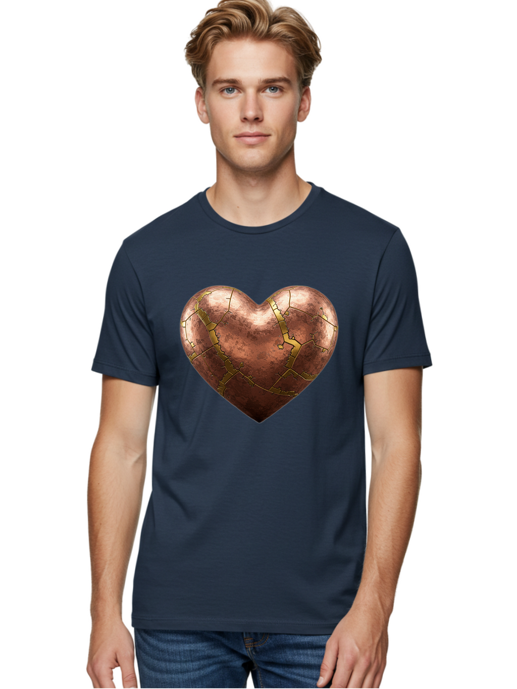 Cracked-Heart-2 Men'S Graphic Tee, 100% Cotton, Comfortable Casual Summer Wear, Machine Washable, Kintsugi Heart, Broken Heart, Cracked Heart, Heart Symbol, Repair, Restoration, Love, Heartbreak, Symbolism, Metaphor, Art, Gold, Broken Pieces Bae015